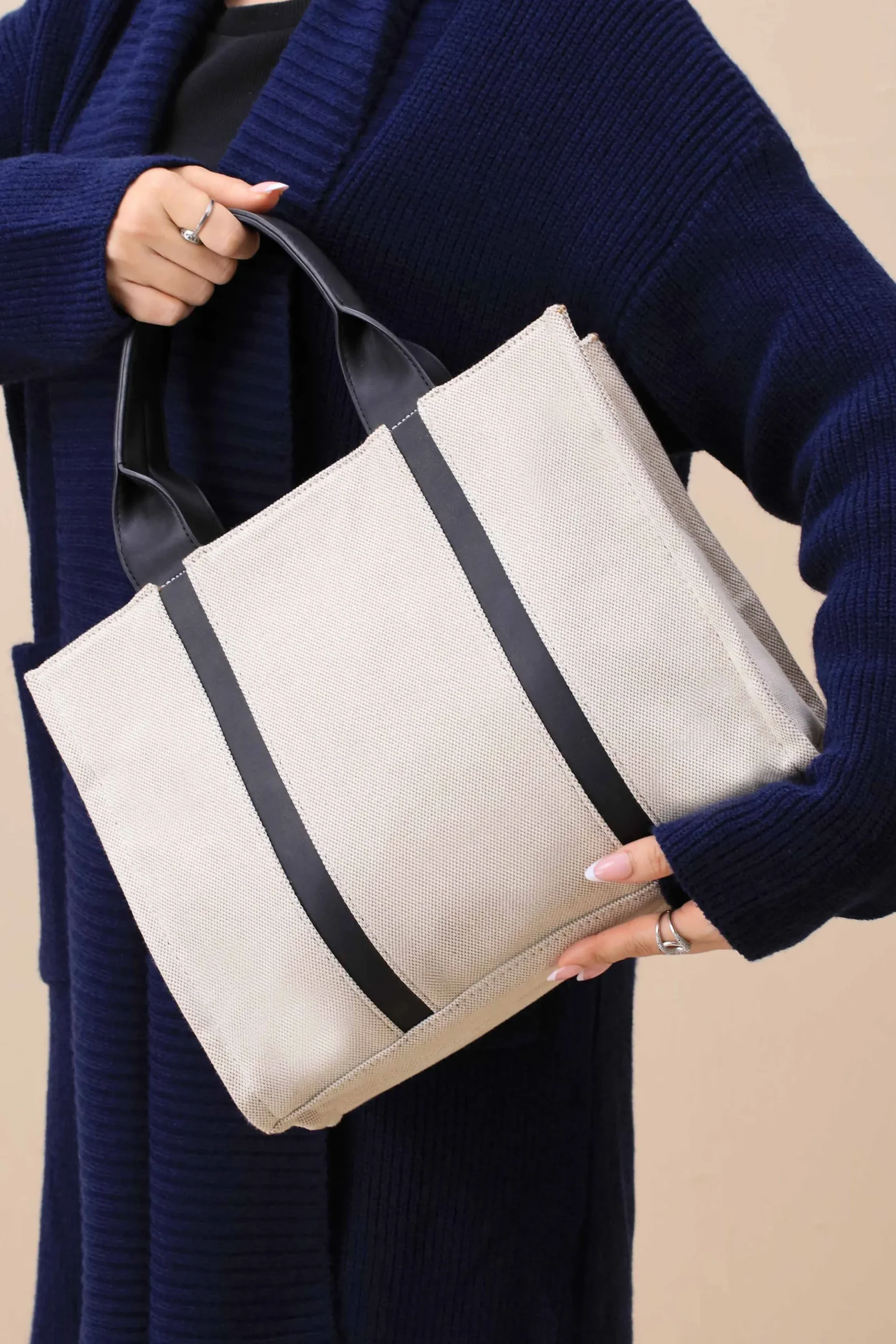 Beige & Black Tote Bag-444702103