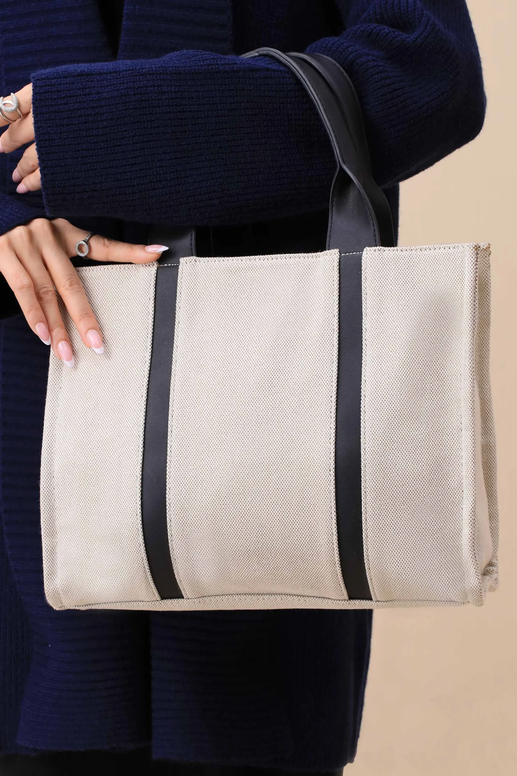 Beige & Black Tote Bag-444702103