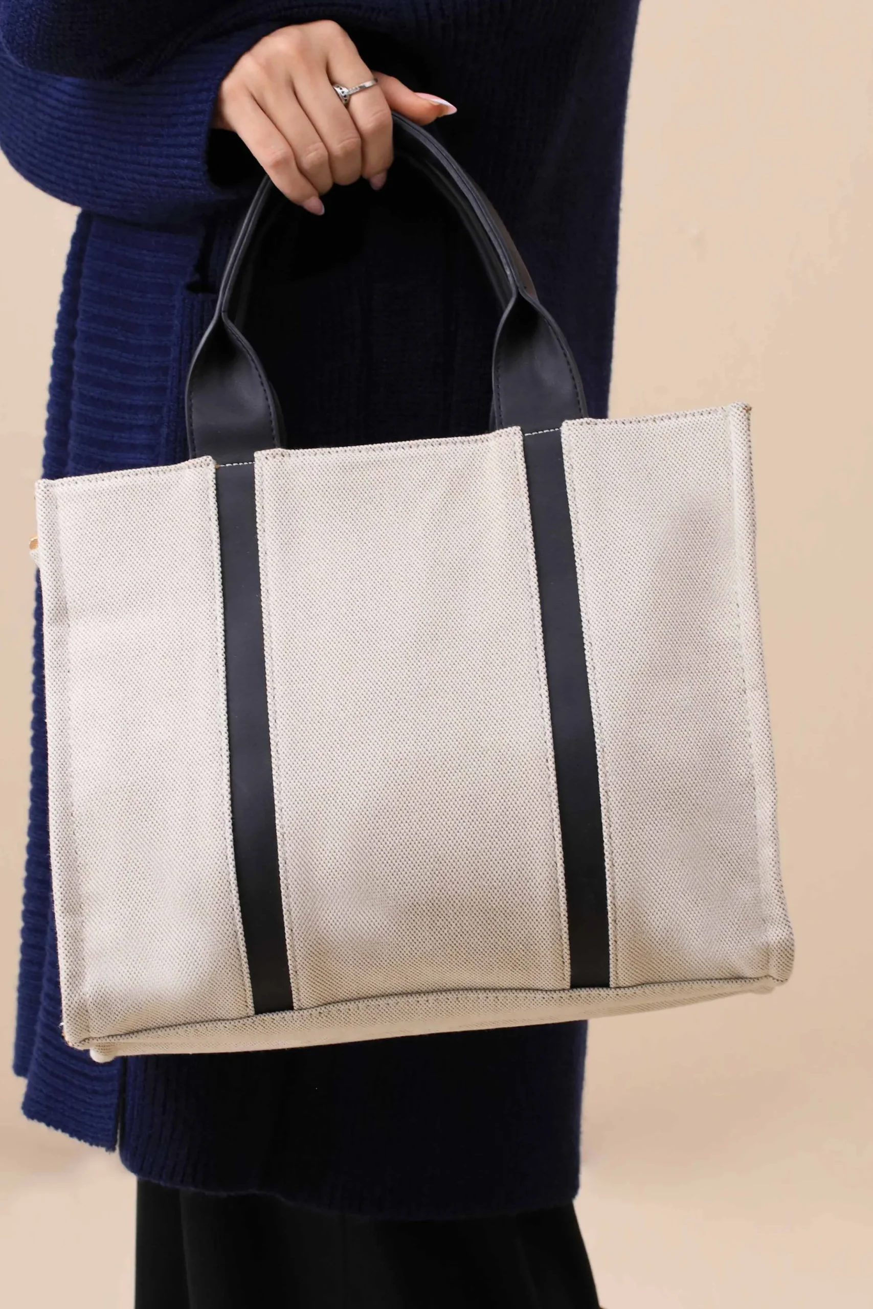 Beige & Black Tote Bag-444702103