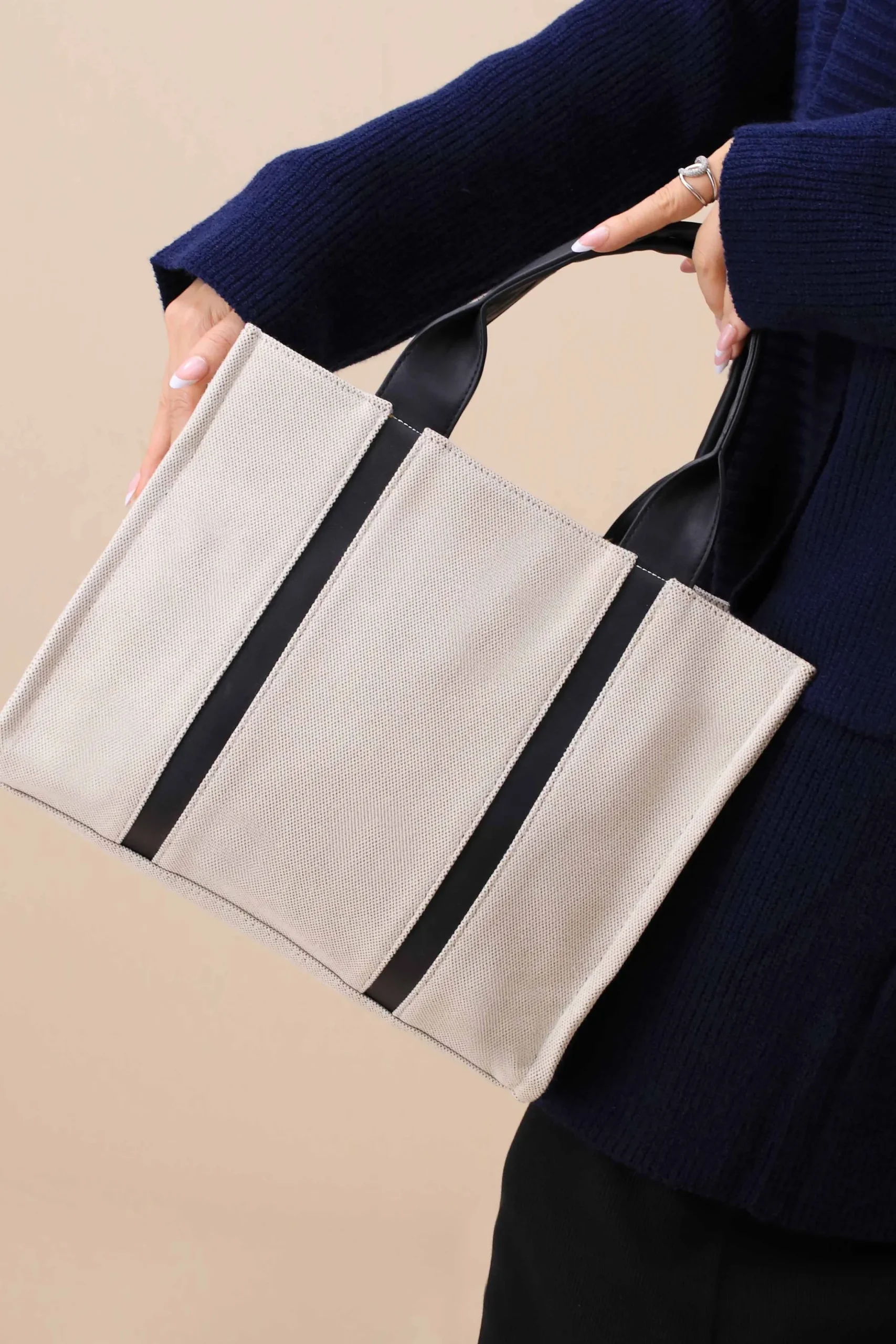 Beige & Black Tote Bag-444702103