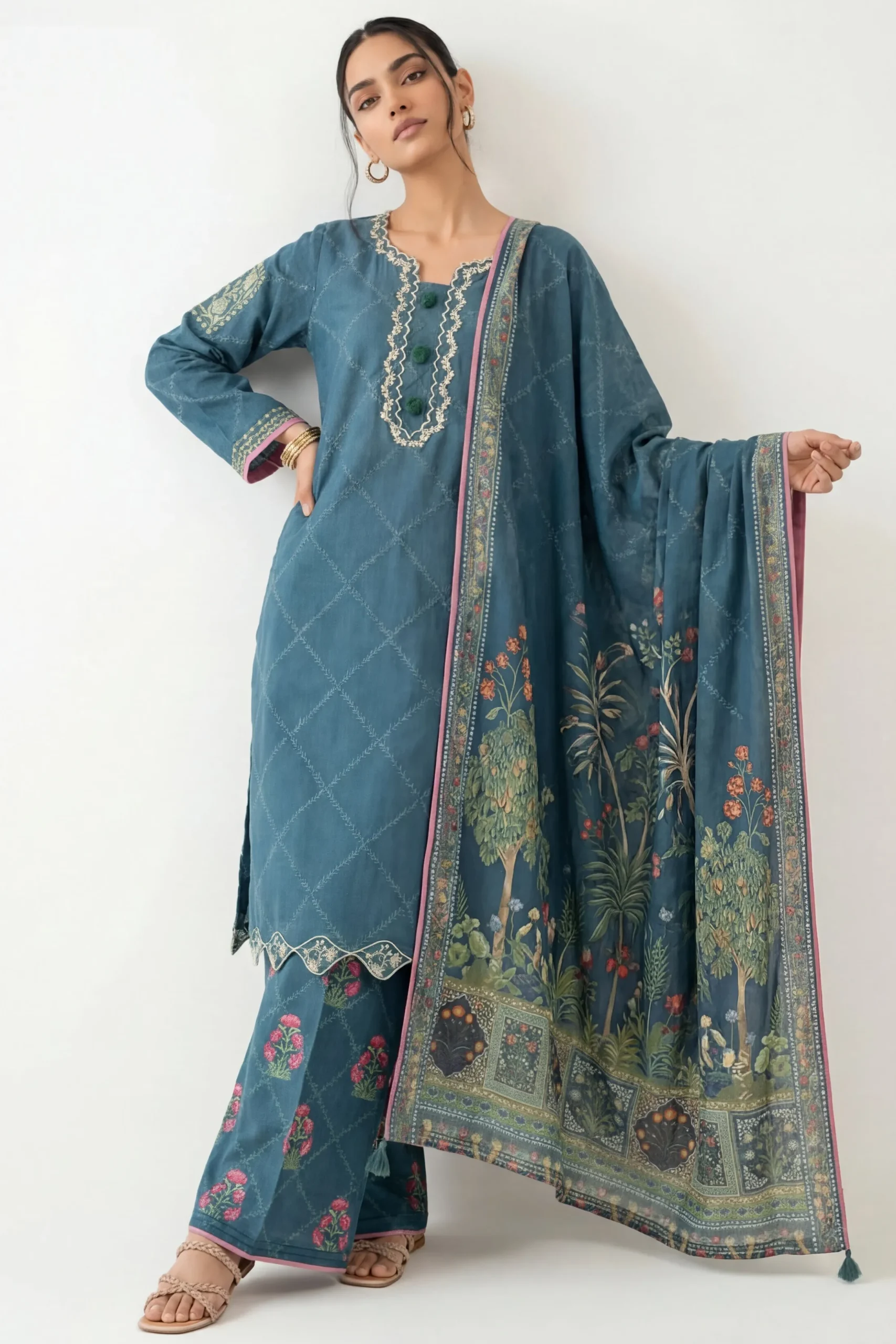 3 Piece - Digital Printed Embroidered Suit - 42601358