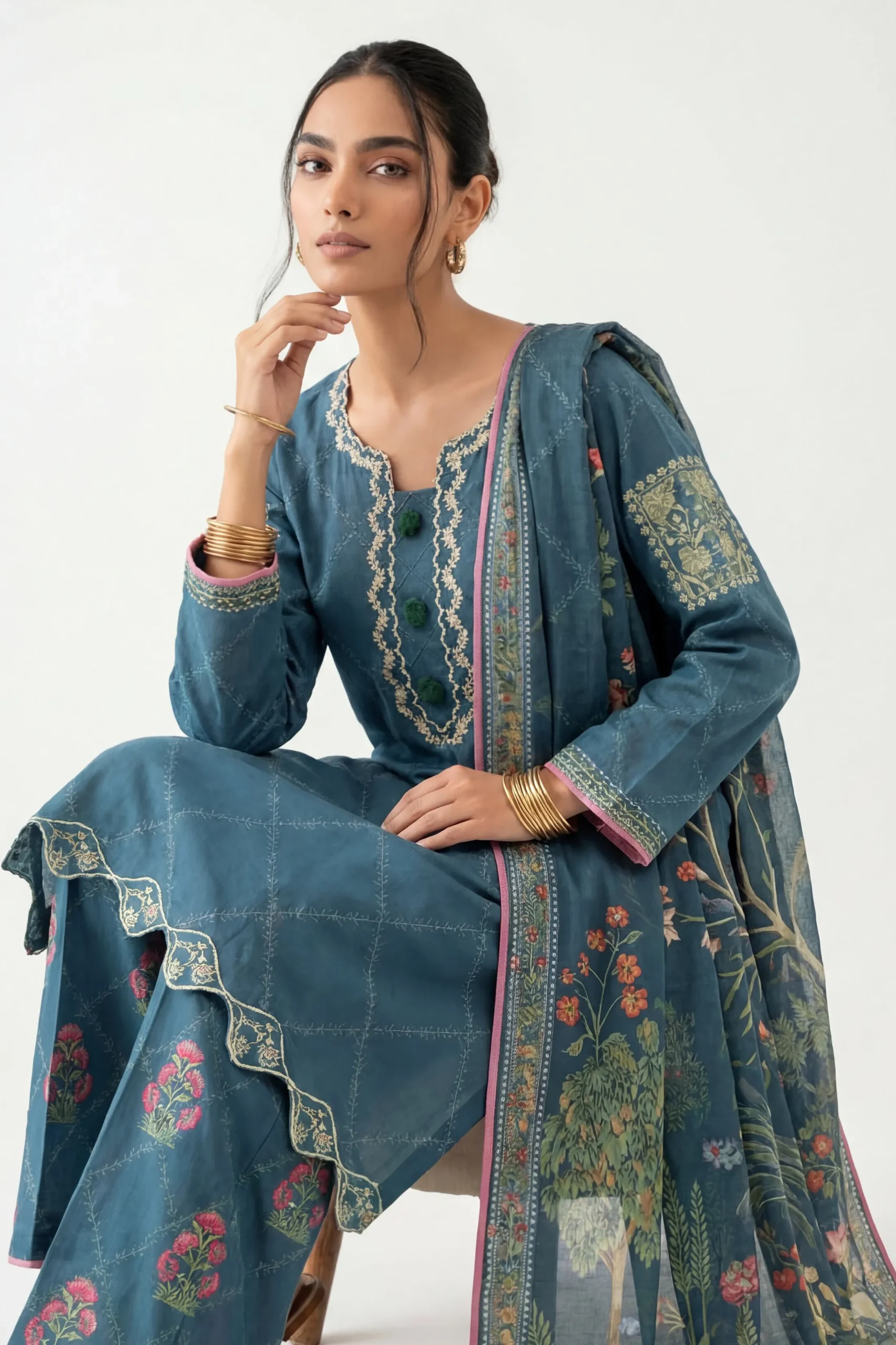 3 Piece - Digital Printed Embroidered Suit - 42601358