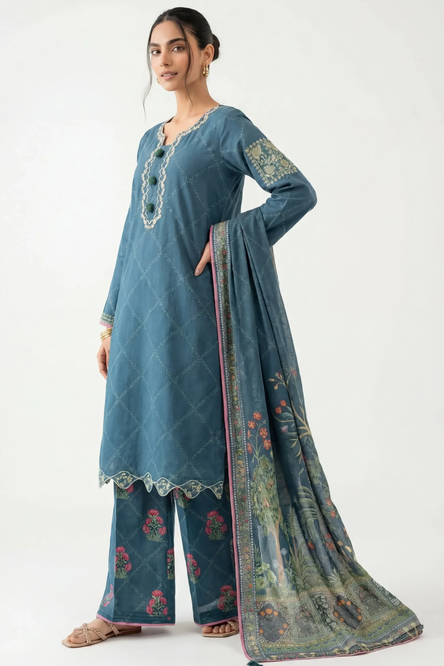 3 Piece - Digital Printed Embroidered Suit - 42601358
