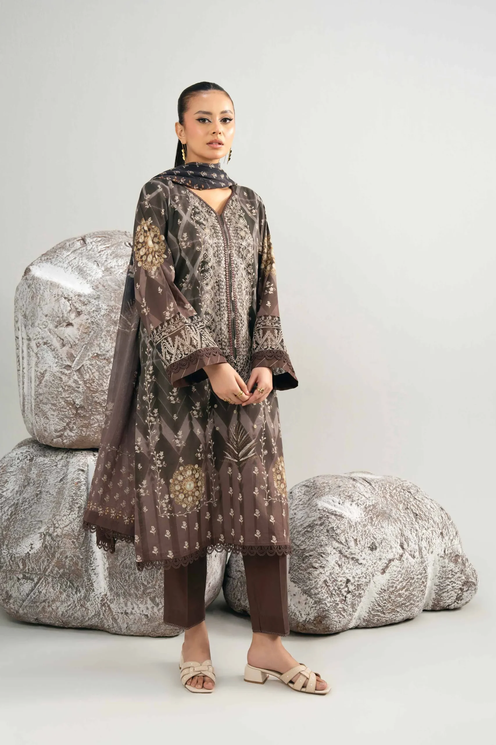 3 Piece - Digital Printed Embroidered Suit - 42502038