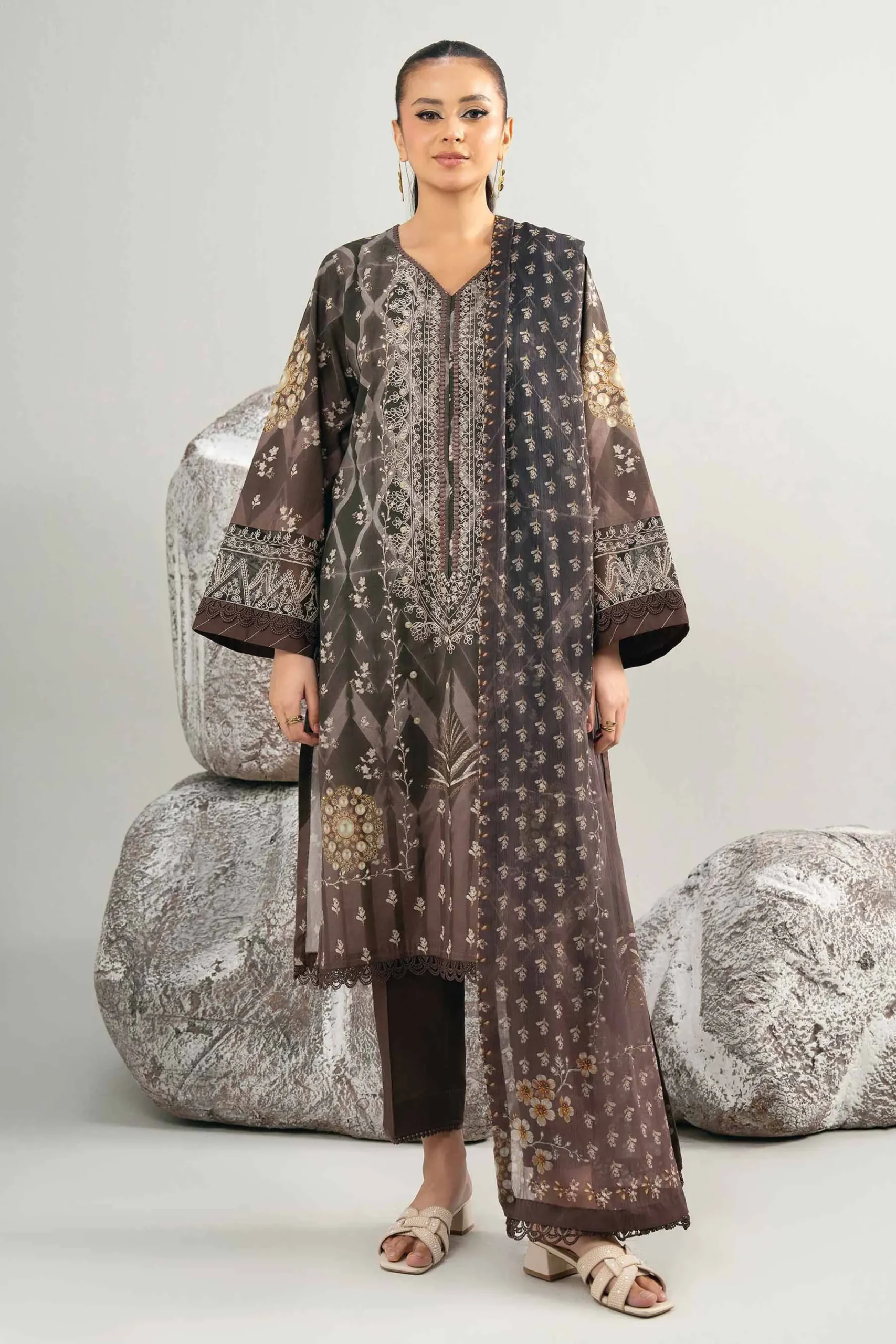 3 Piece - Digital Printed Embroidered Suit - 42502038