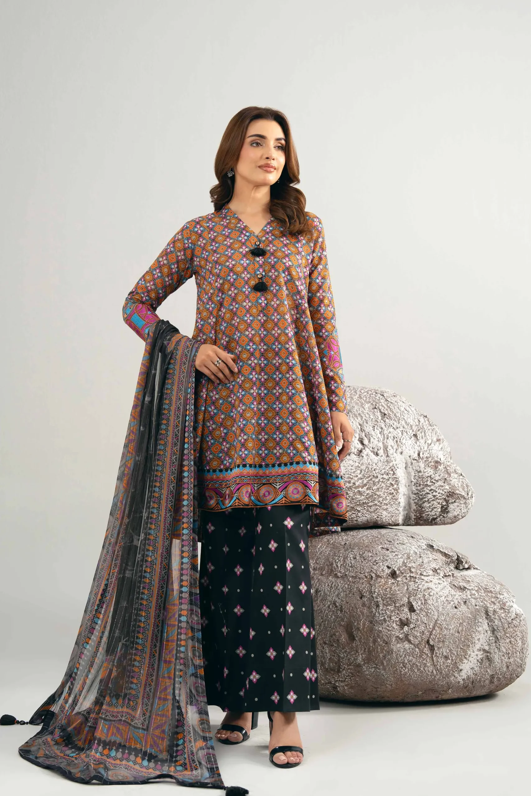 3 Piece - Digital Printed Embroidered Suit - 42502048