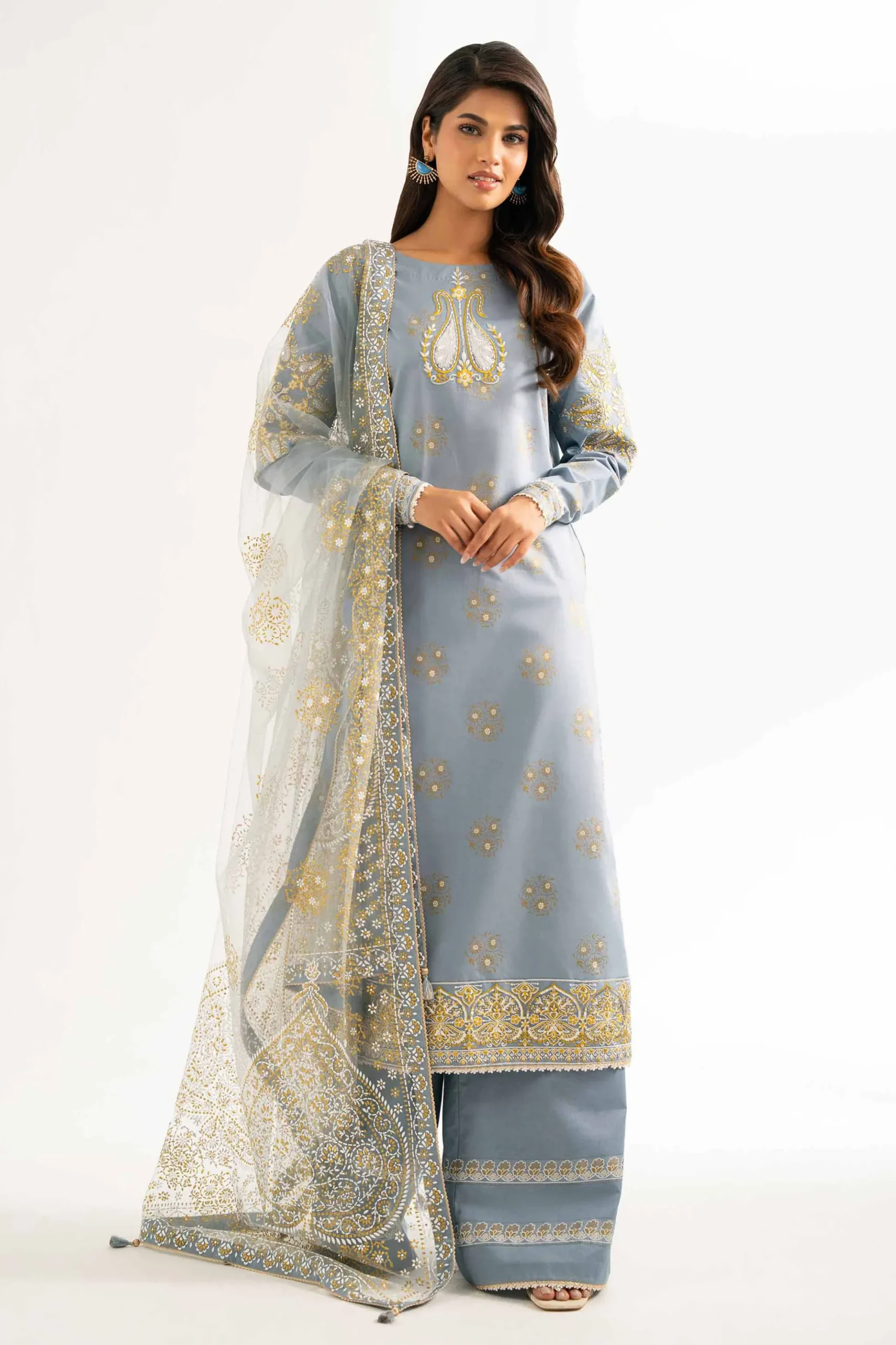 3 Piece - Paste Printed Embroidered Suit - 42501858