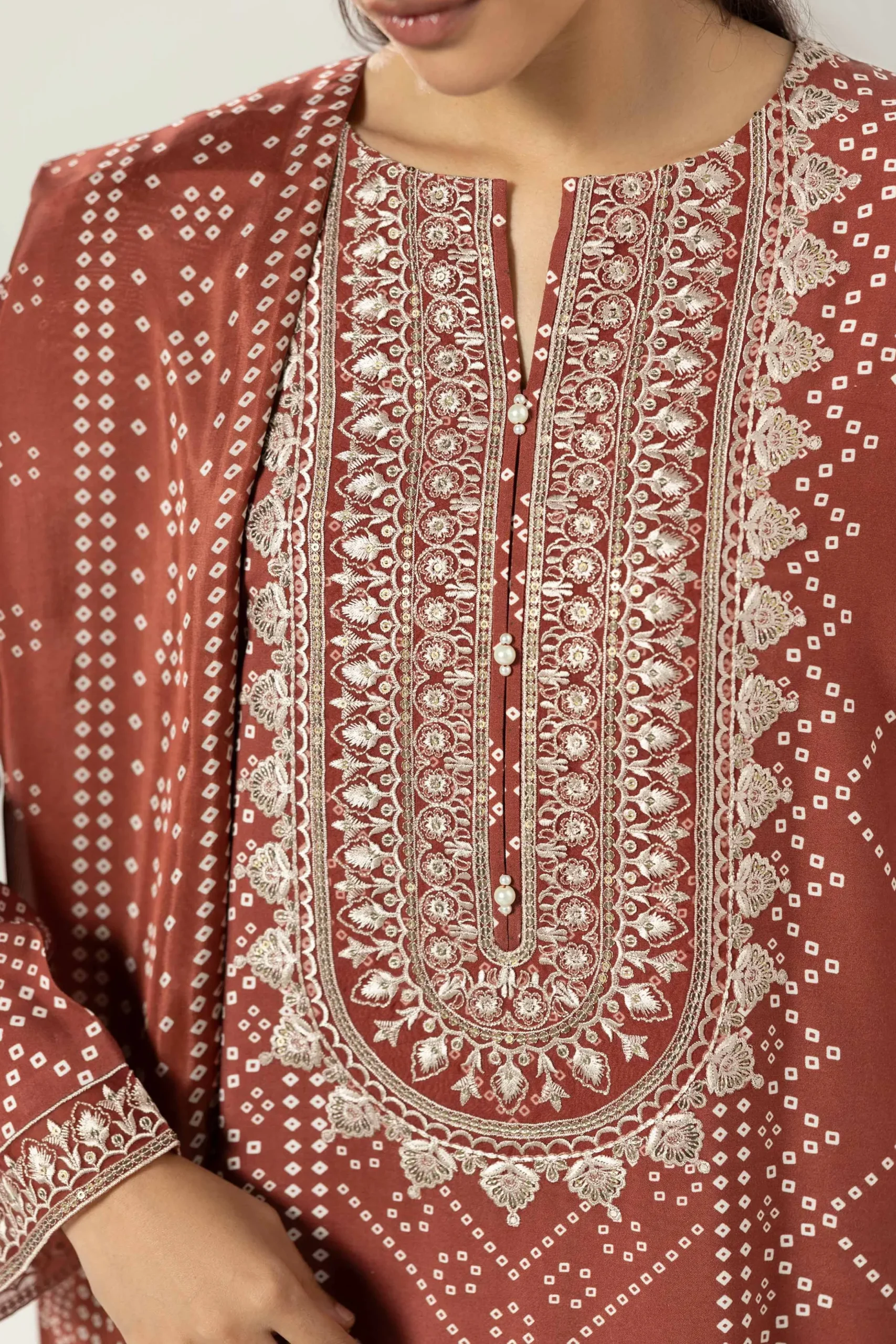 3 Piece - Printed Embroidered Suit - 42519601