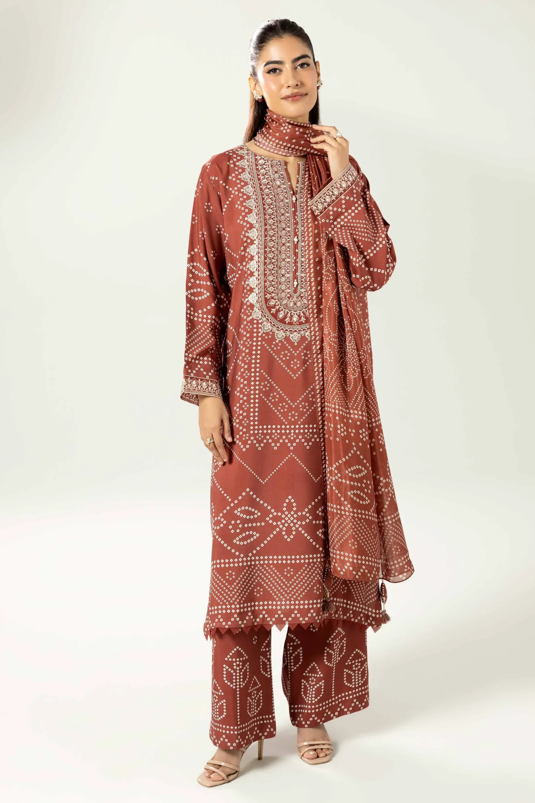 3 Piece - Printed Embroidered Suit - 42519601