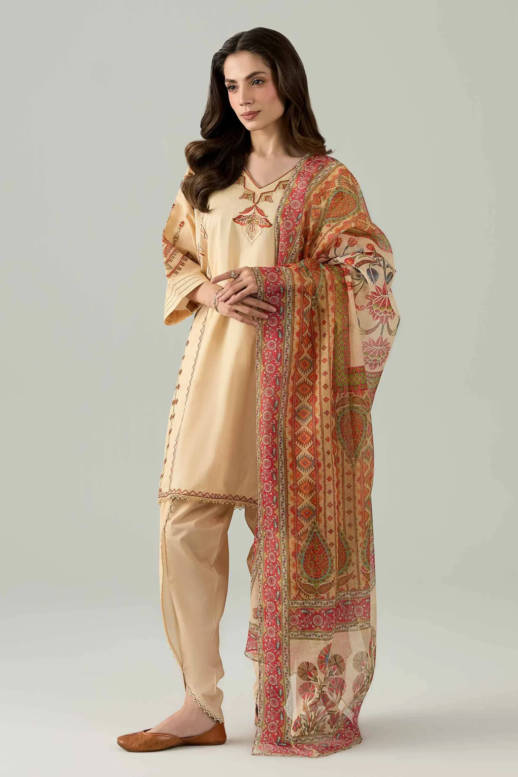 3 Piece - Printed Embroidered Suit - PE26-503