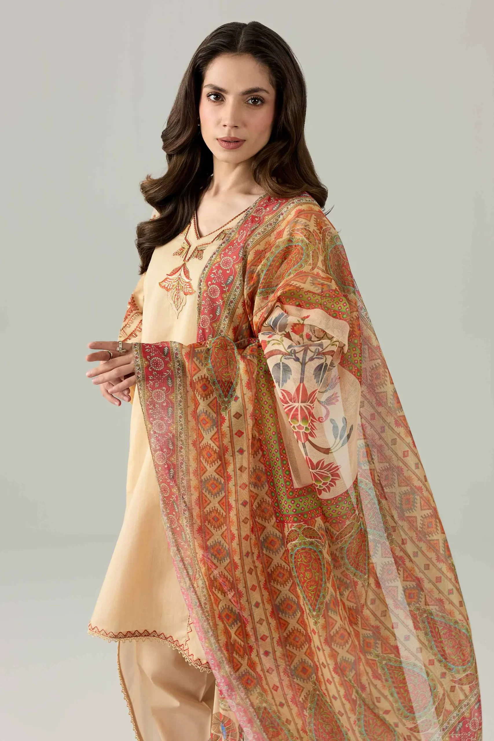 3 Piece - Printed Embroidered Suit - PE26-503
