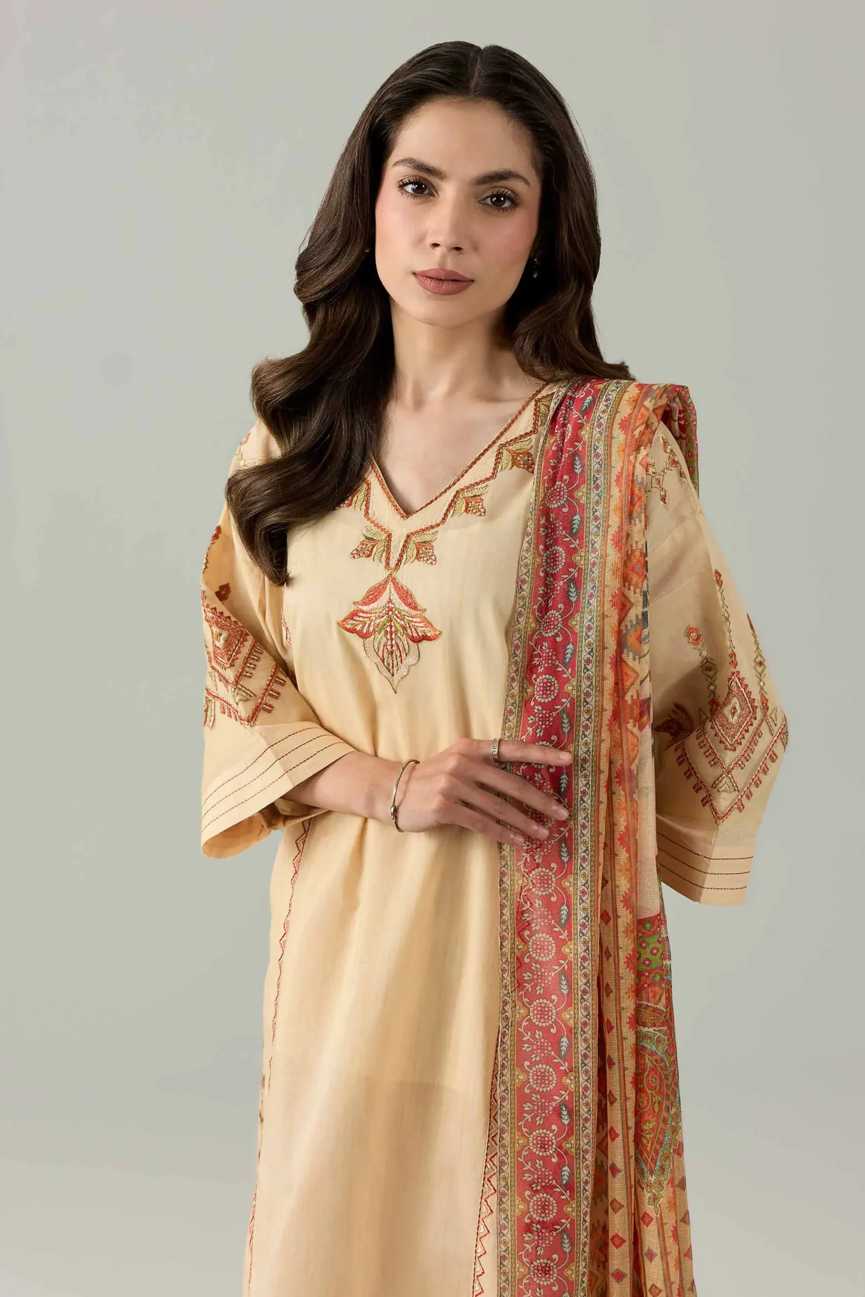 3 Piece - Printed Embroidered Suit - PE26-503