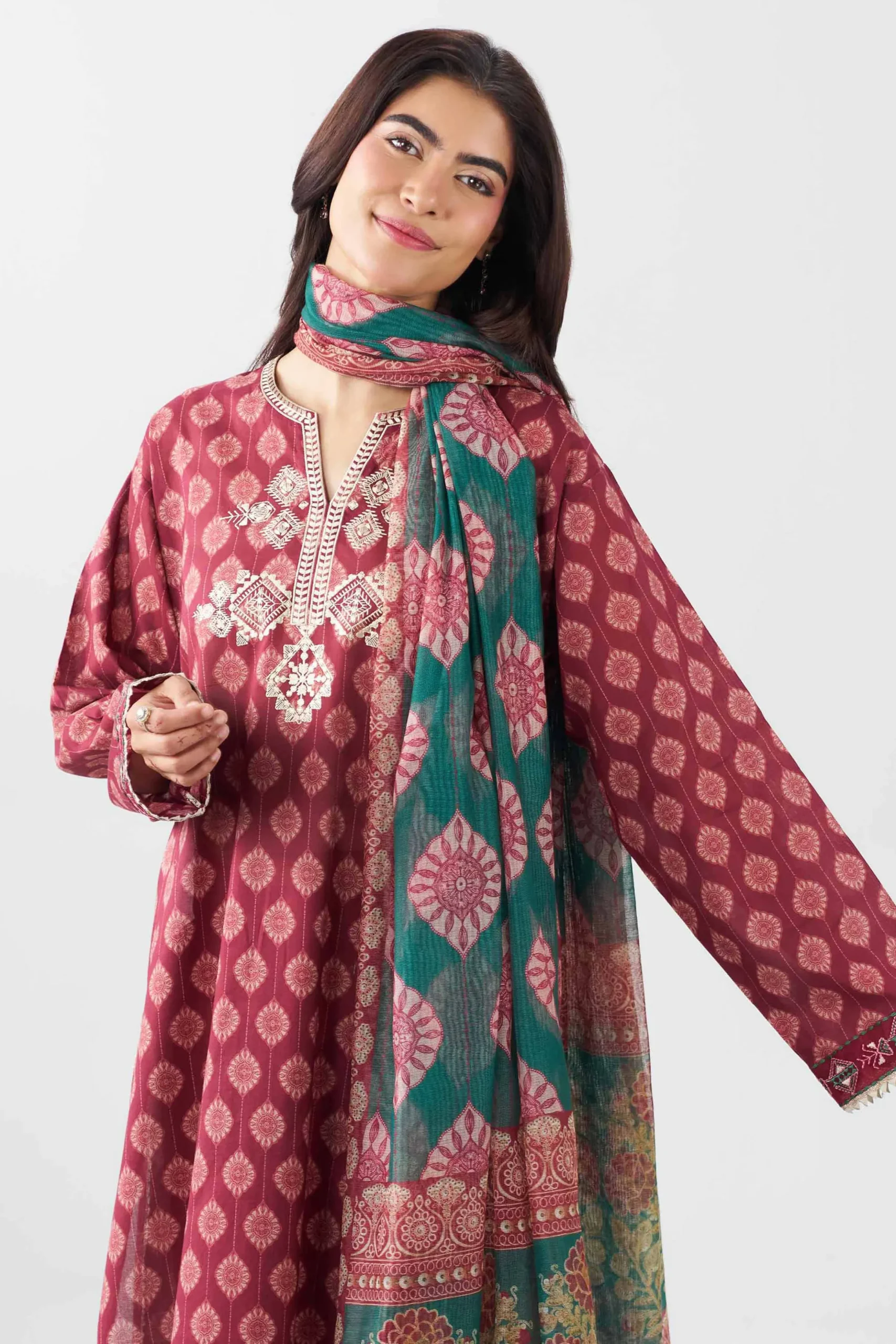 3 Piece - Printed Embroidered Suit - PE26-505