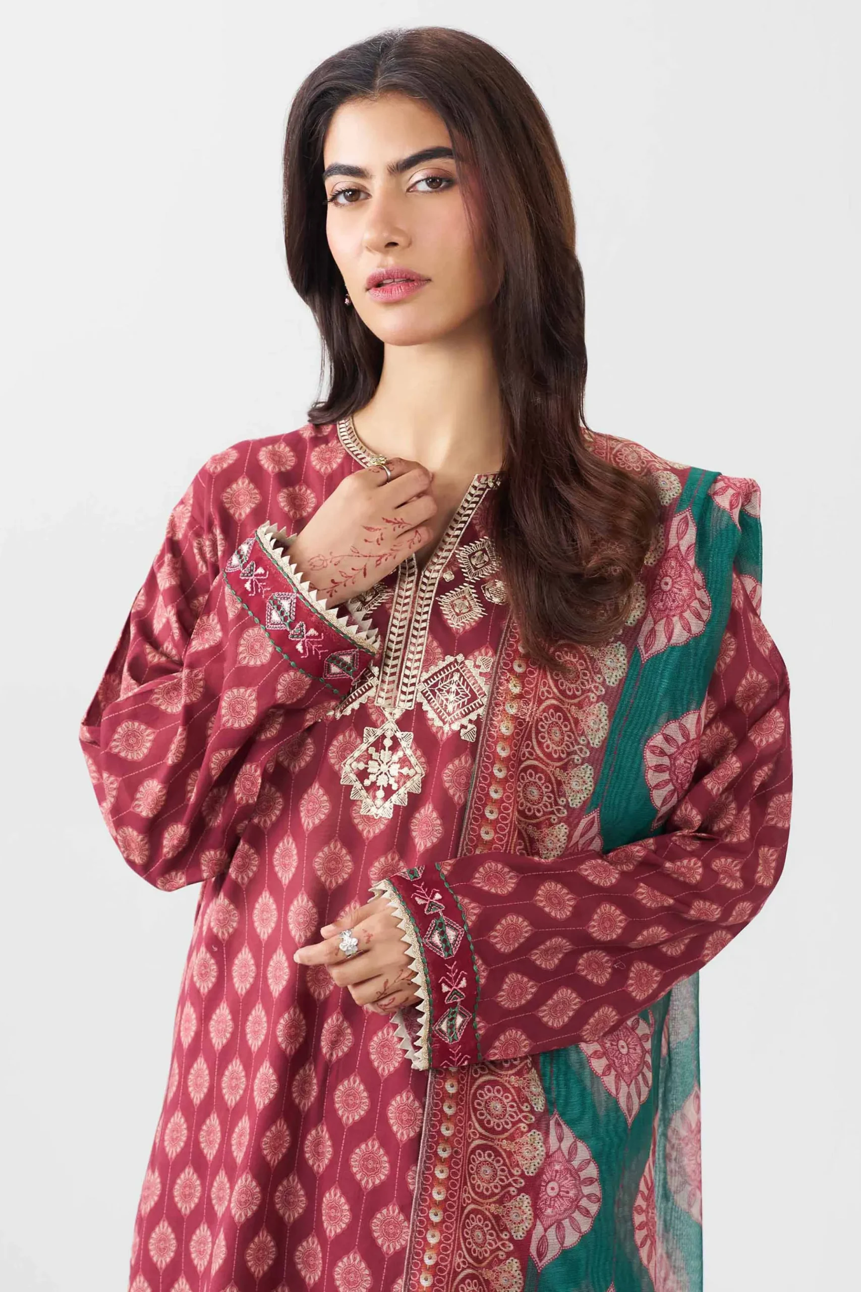3 Piece - Printed Embroidered Suit - PE26-505