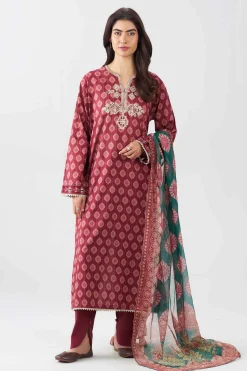 3 Piece - Printed Embroidered Suit - PE26-505