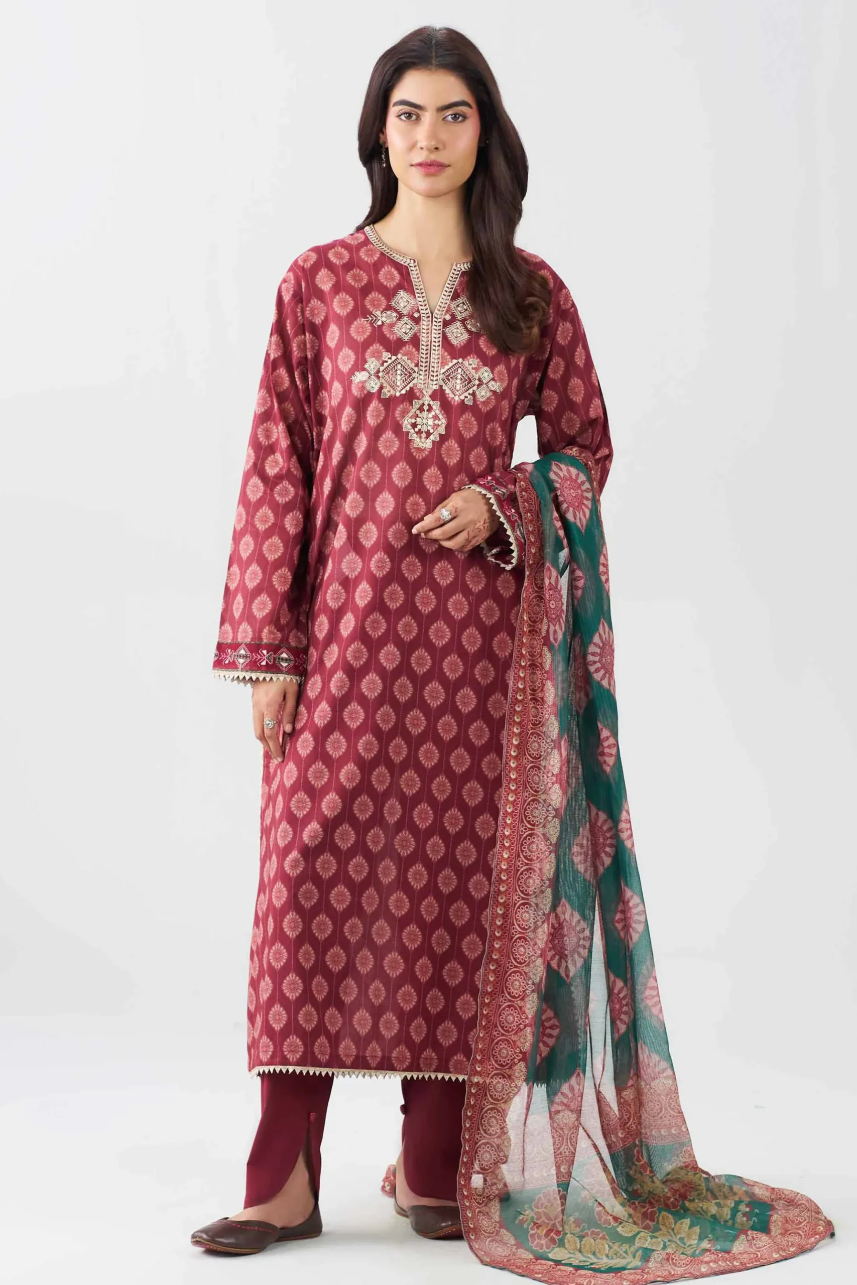 3 Piece - Printed Embroidered Suit - PE26-505