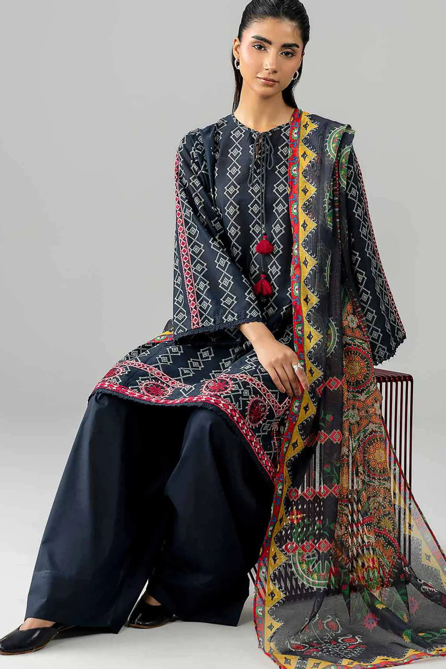 3 Piece - Printed Embroidered Suit - PE26-506