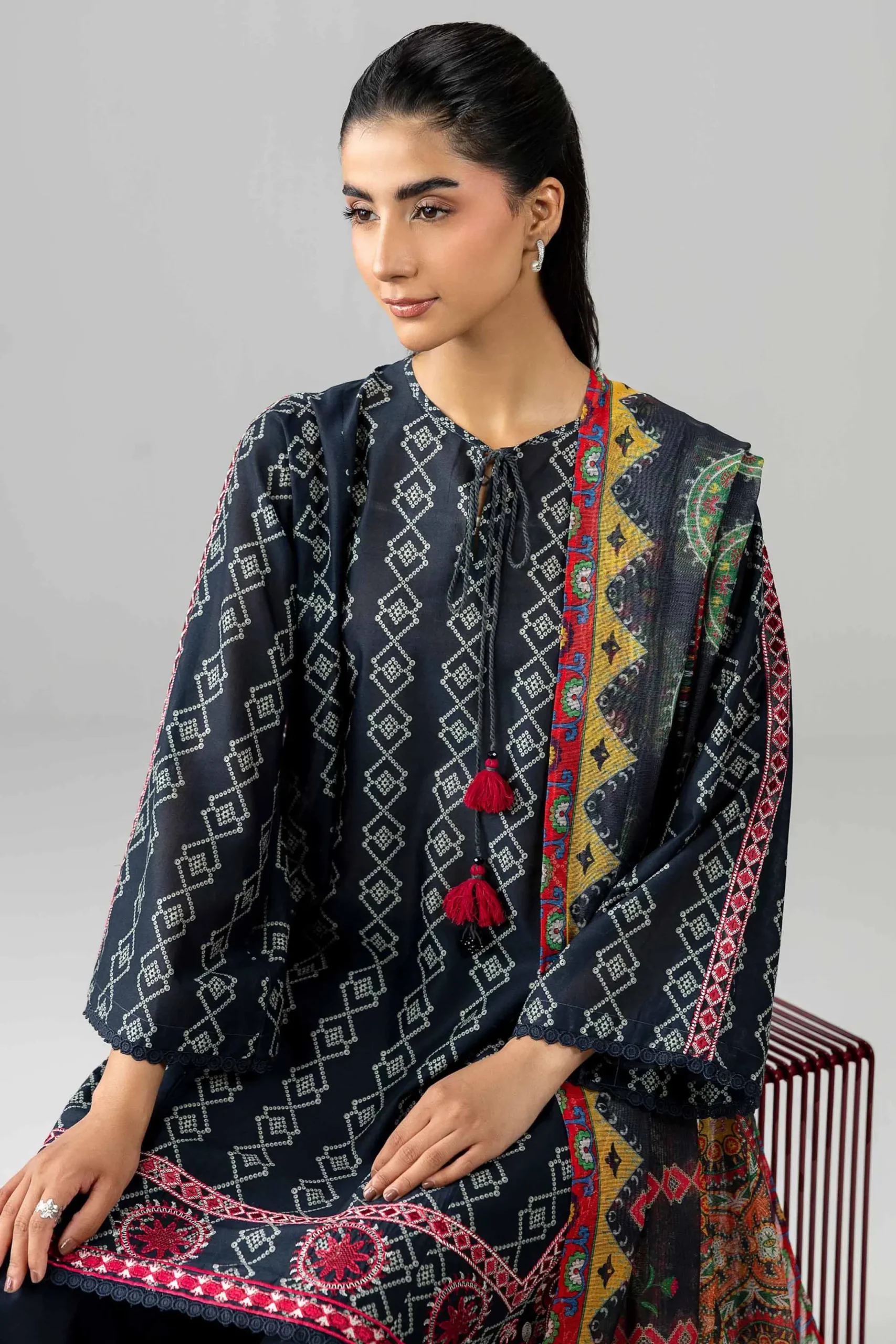 3 Piece - Printed Embroidered Suit - PE26-506