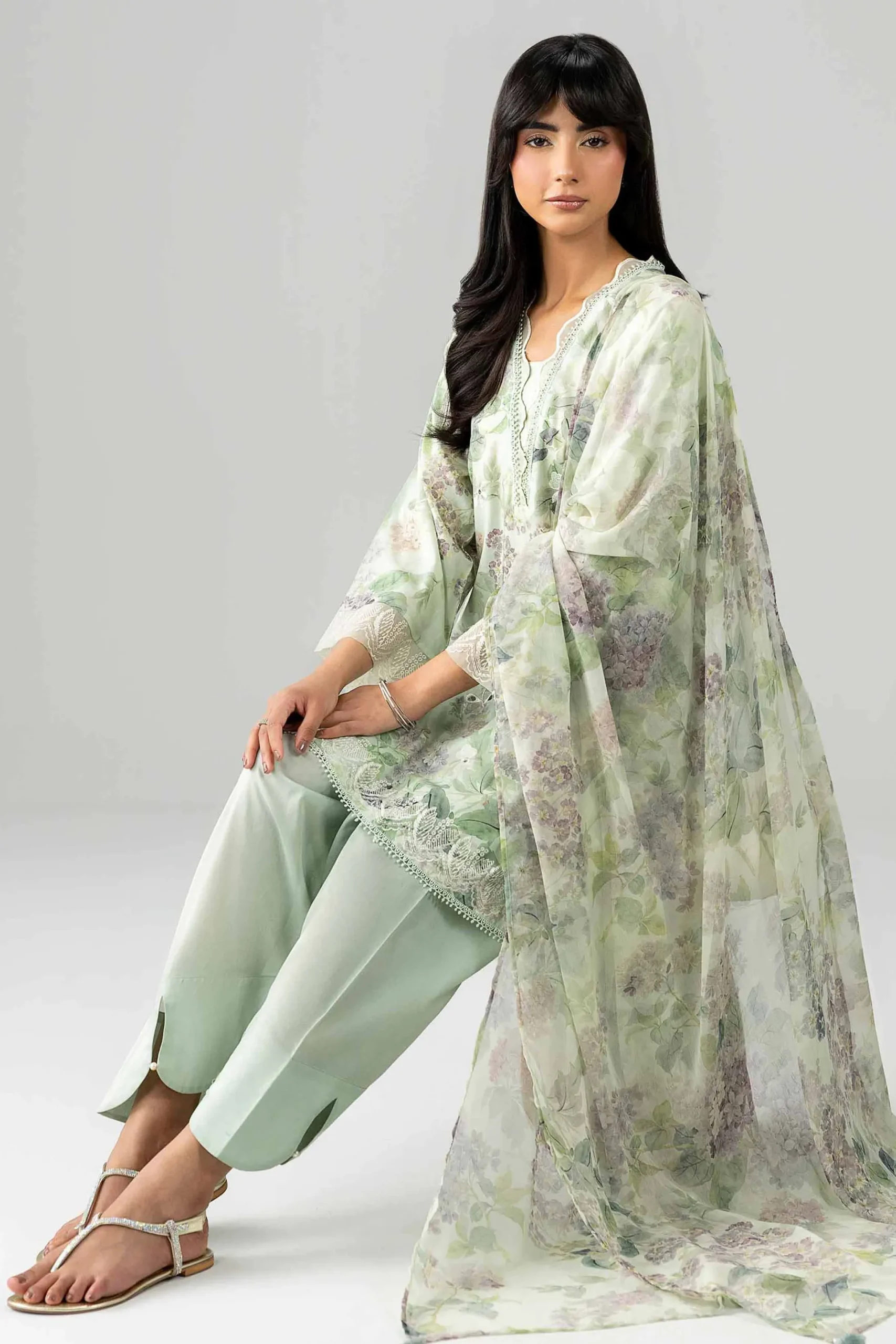 3 Piece - Printed Embroidered Suit - PE26-495