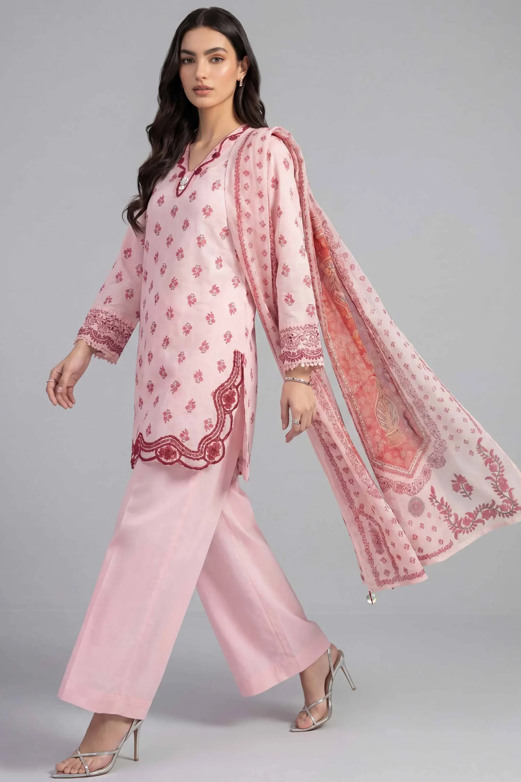 3 Piece - Printed Embroidered Suit - PE26-501