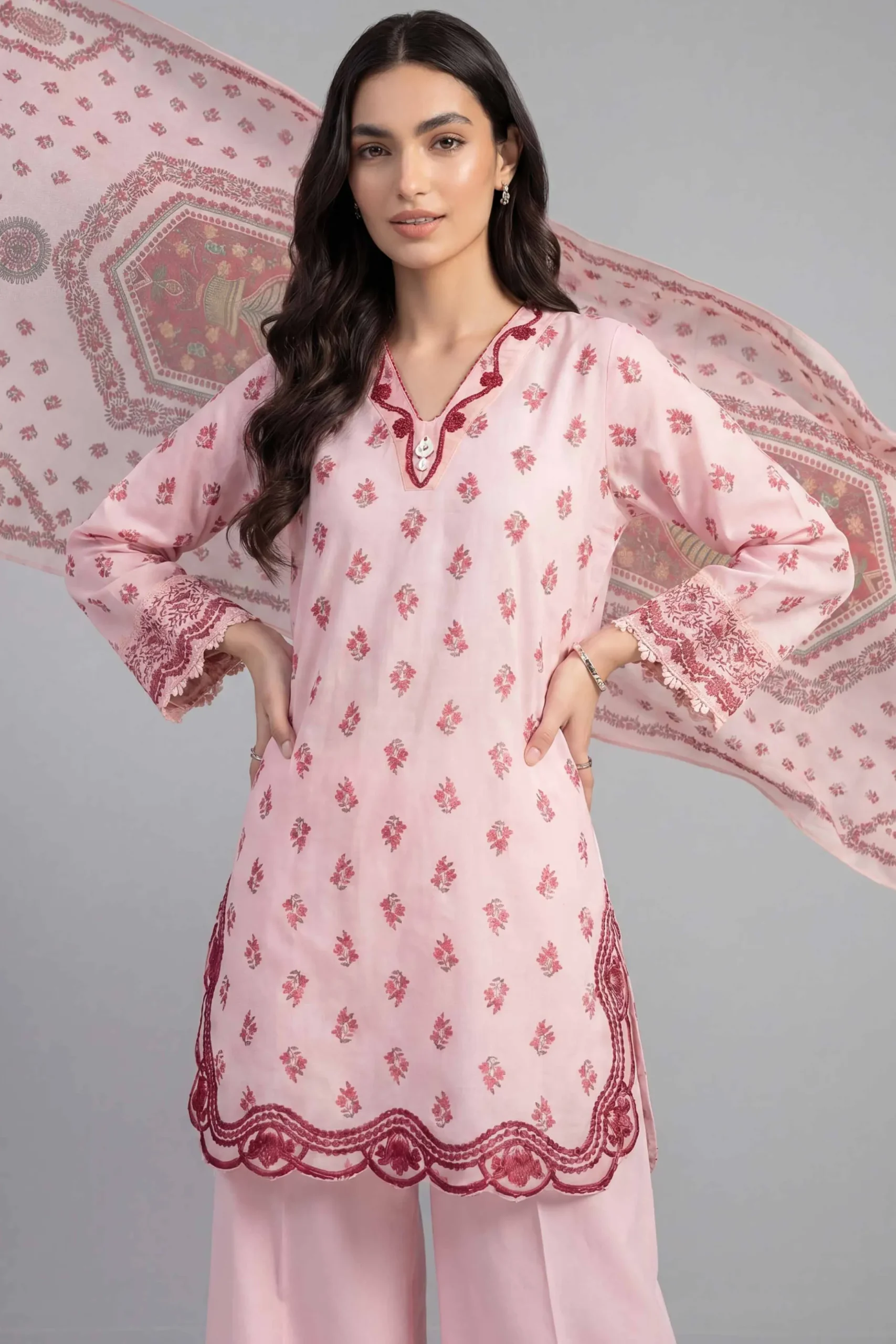 3 Piece - Printed Embroidered Suit - PE26-501