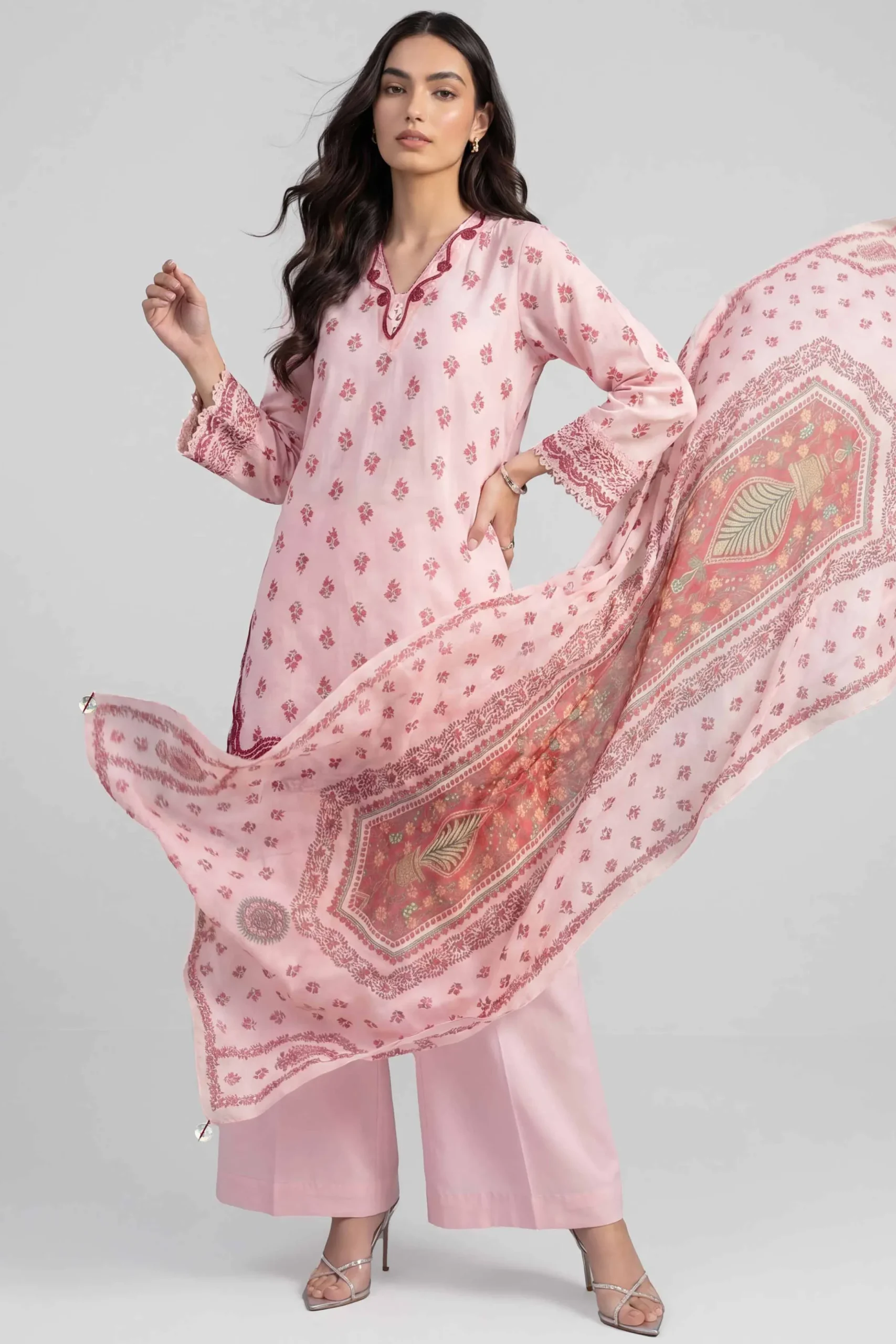 3 Piece - Printed Embroidered Suit - PE26-501