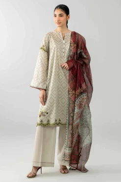 3 Piece - Printed Embroidered Suit - PE26-502