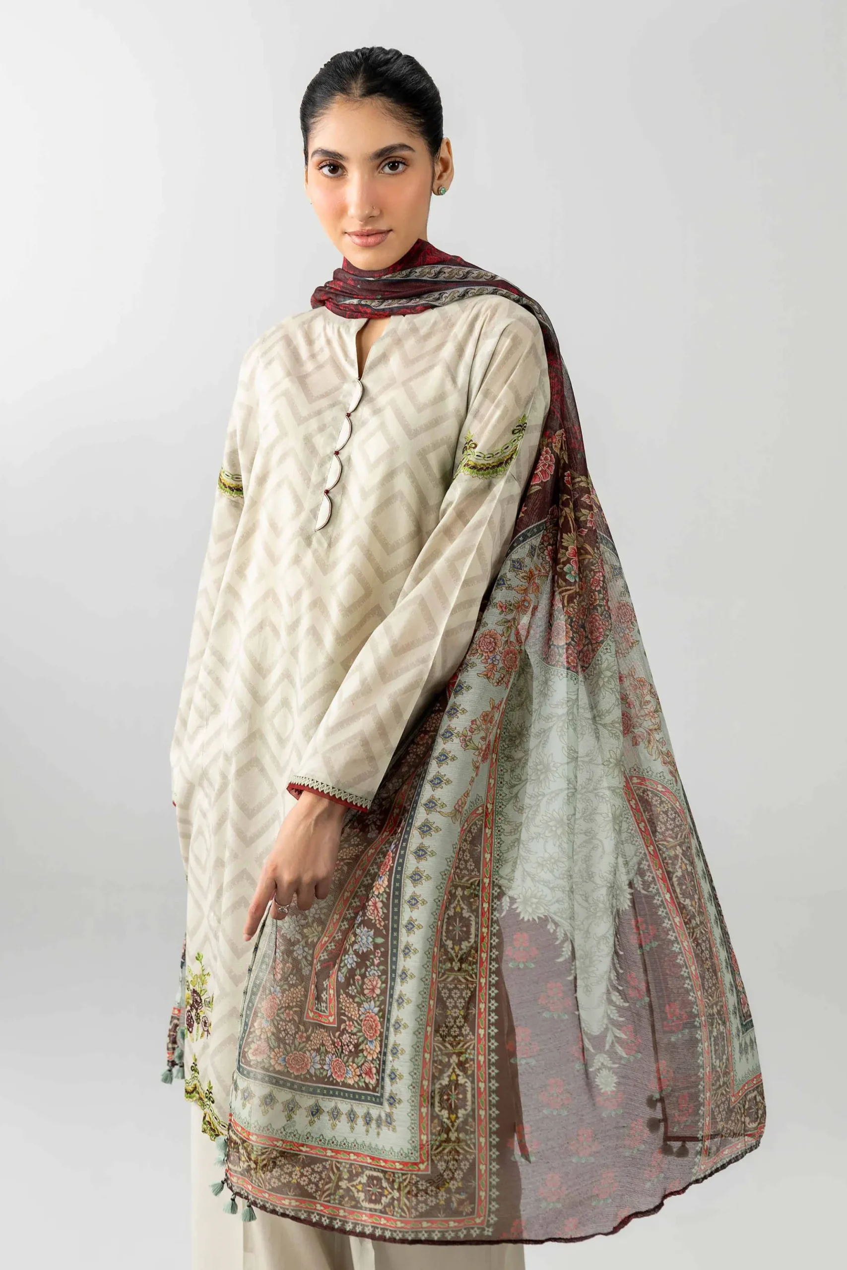 3 Piece - Printed Embroidered Suit - PE26-502