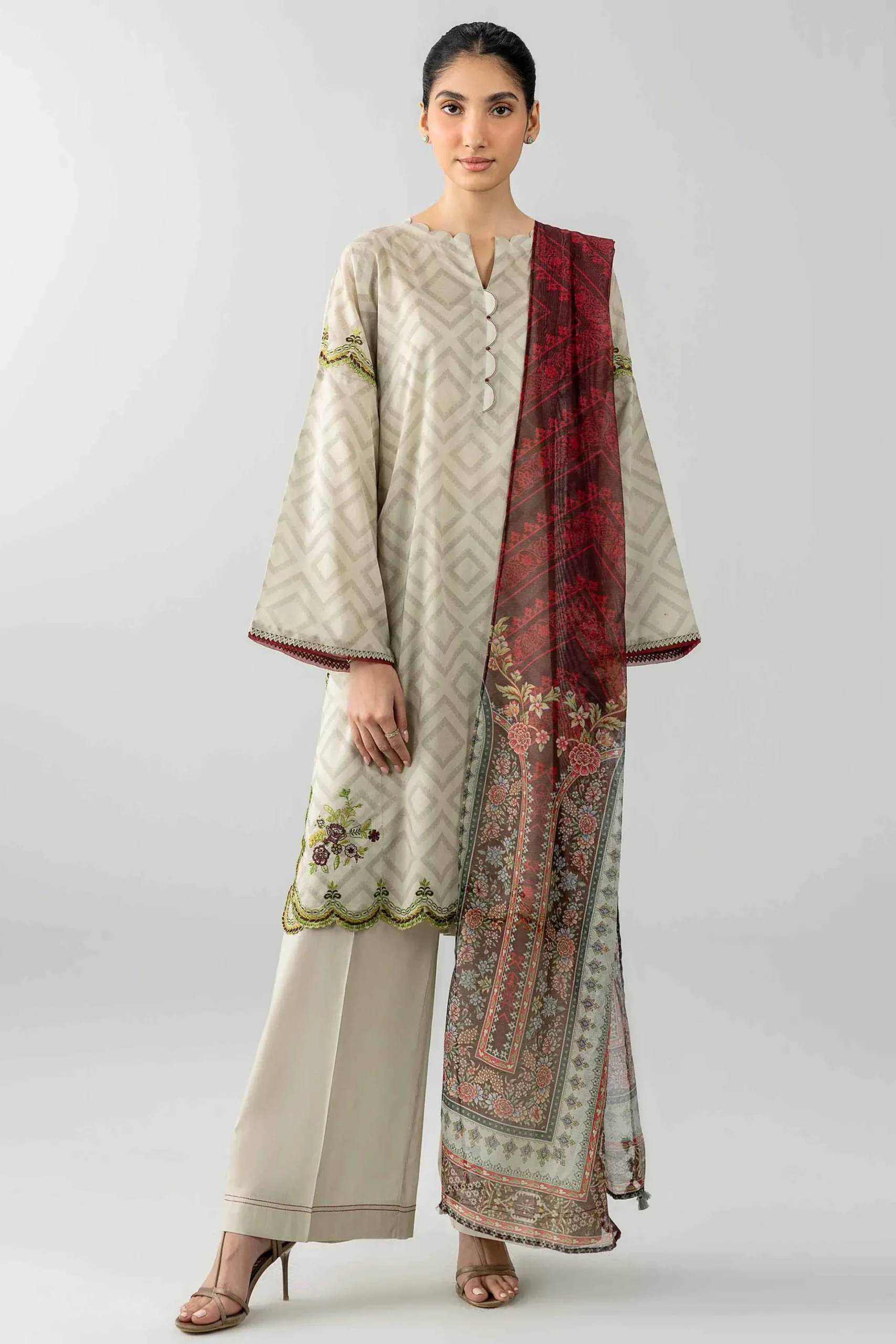 3 Piece - Printed Embroidered Suit - PE26-502