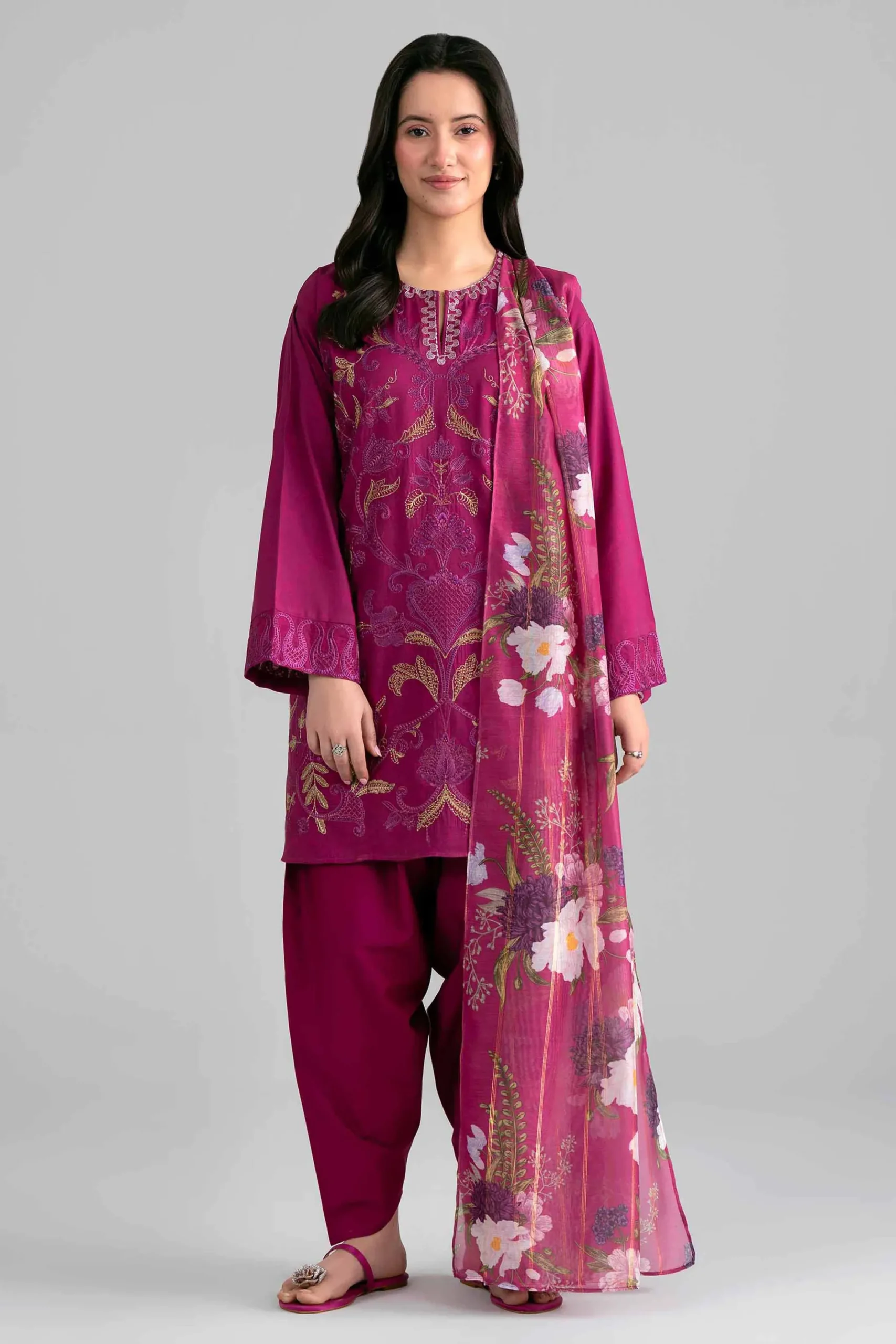 3 Piece - Printed Embroidered Suit - PE26-526