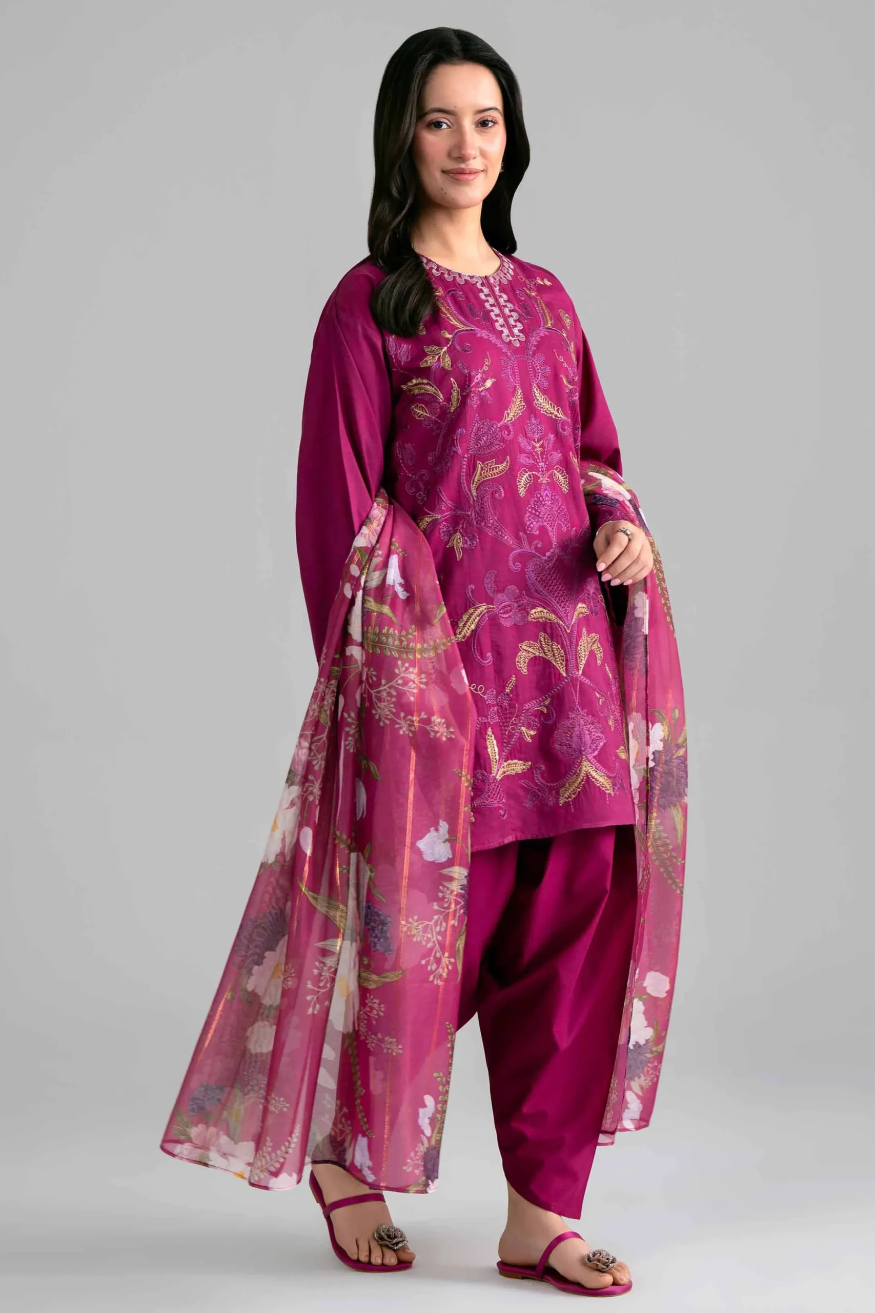 3 Piece - Printed Embroidered Suit - PE26-526