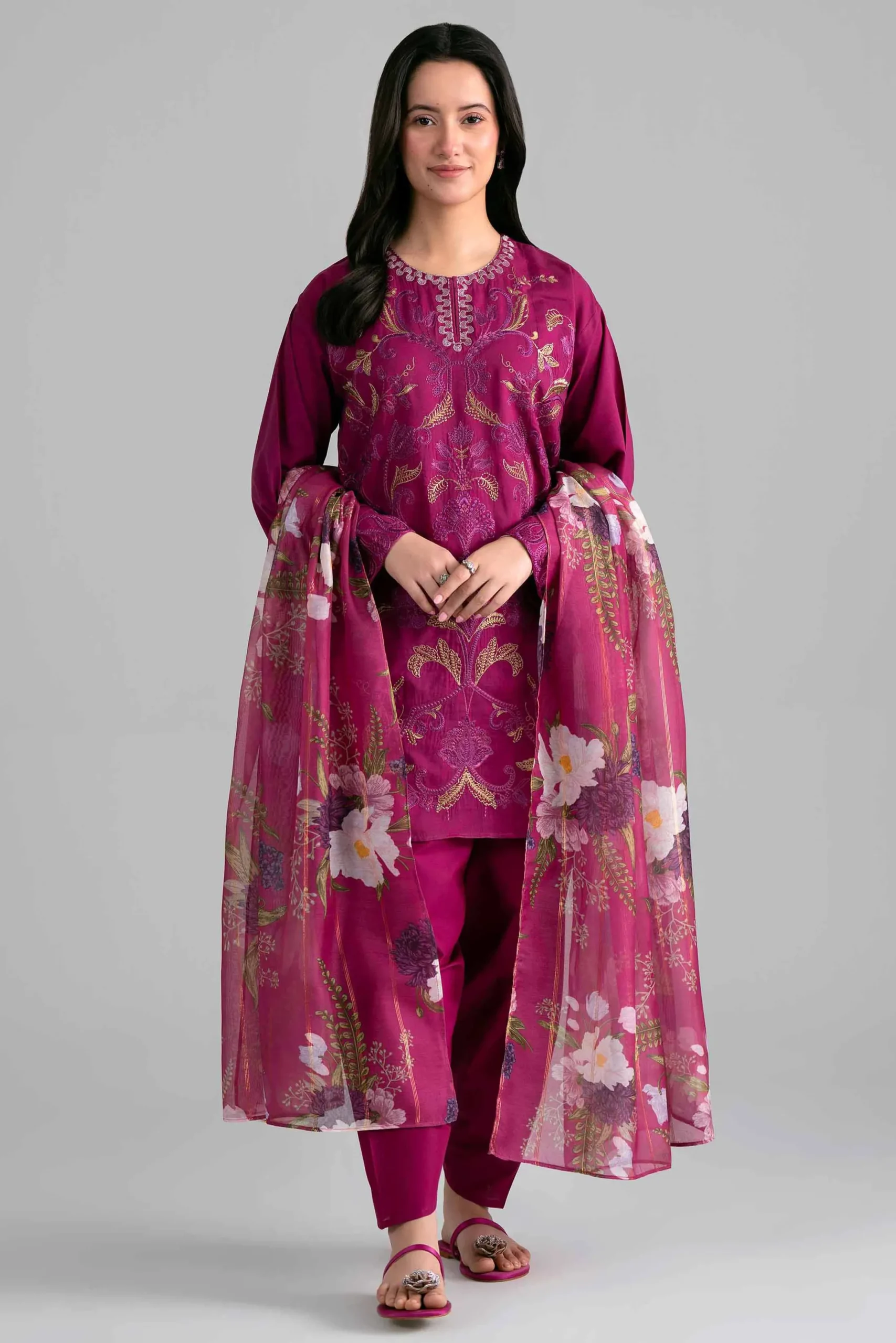3 Piece - Printed Embroidered Suit - PE26-526