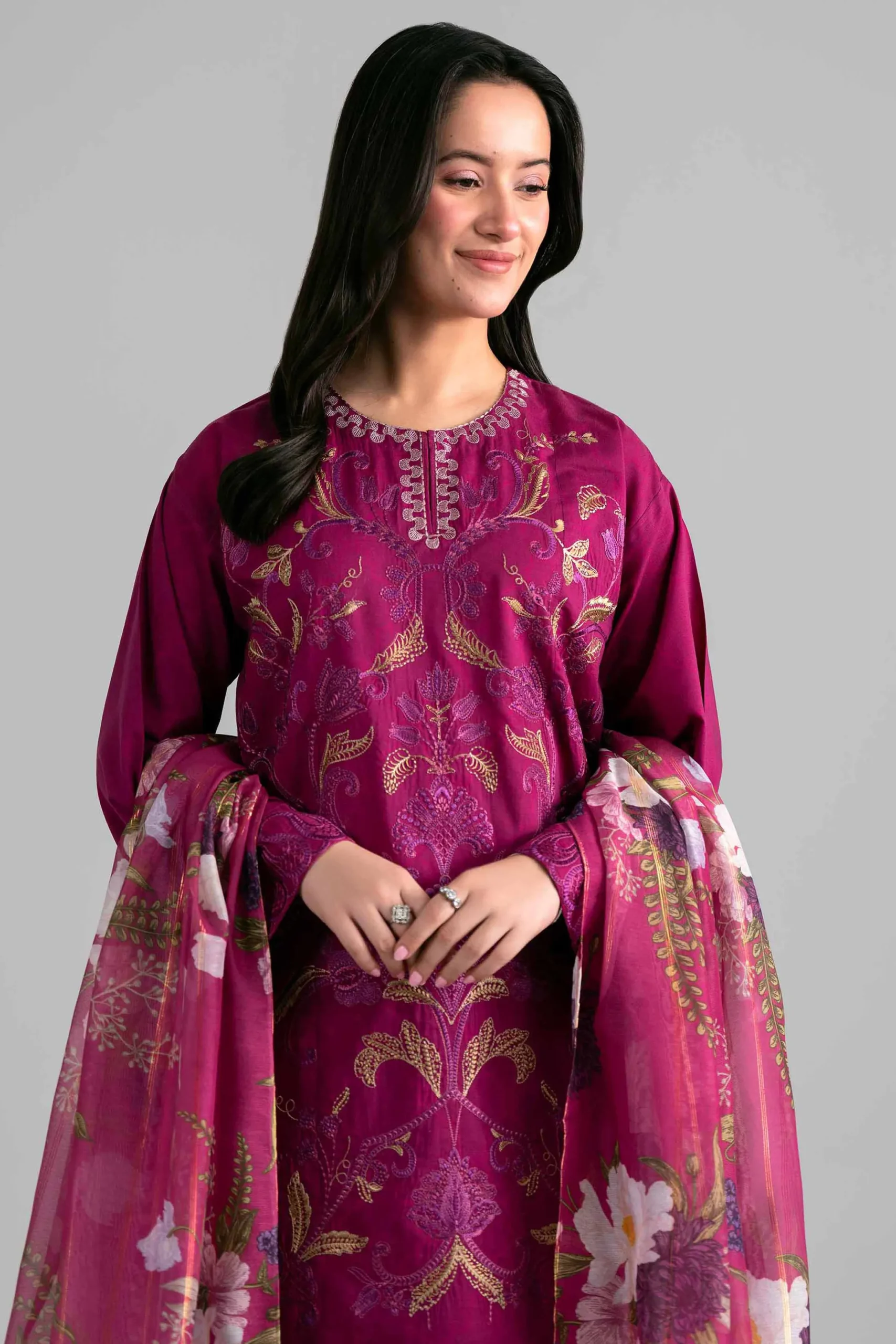 3 Piece - Printed Embroidered Suit - PE26-526