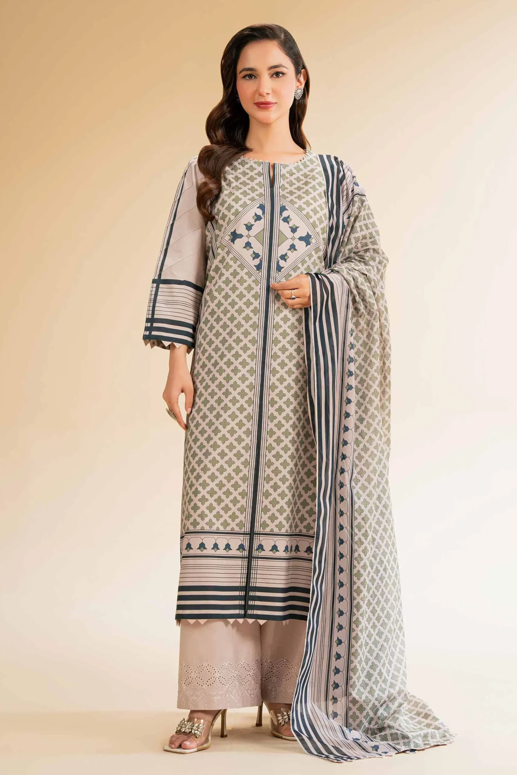 3 Piece - Printed Embroidered Suit - 42519173