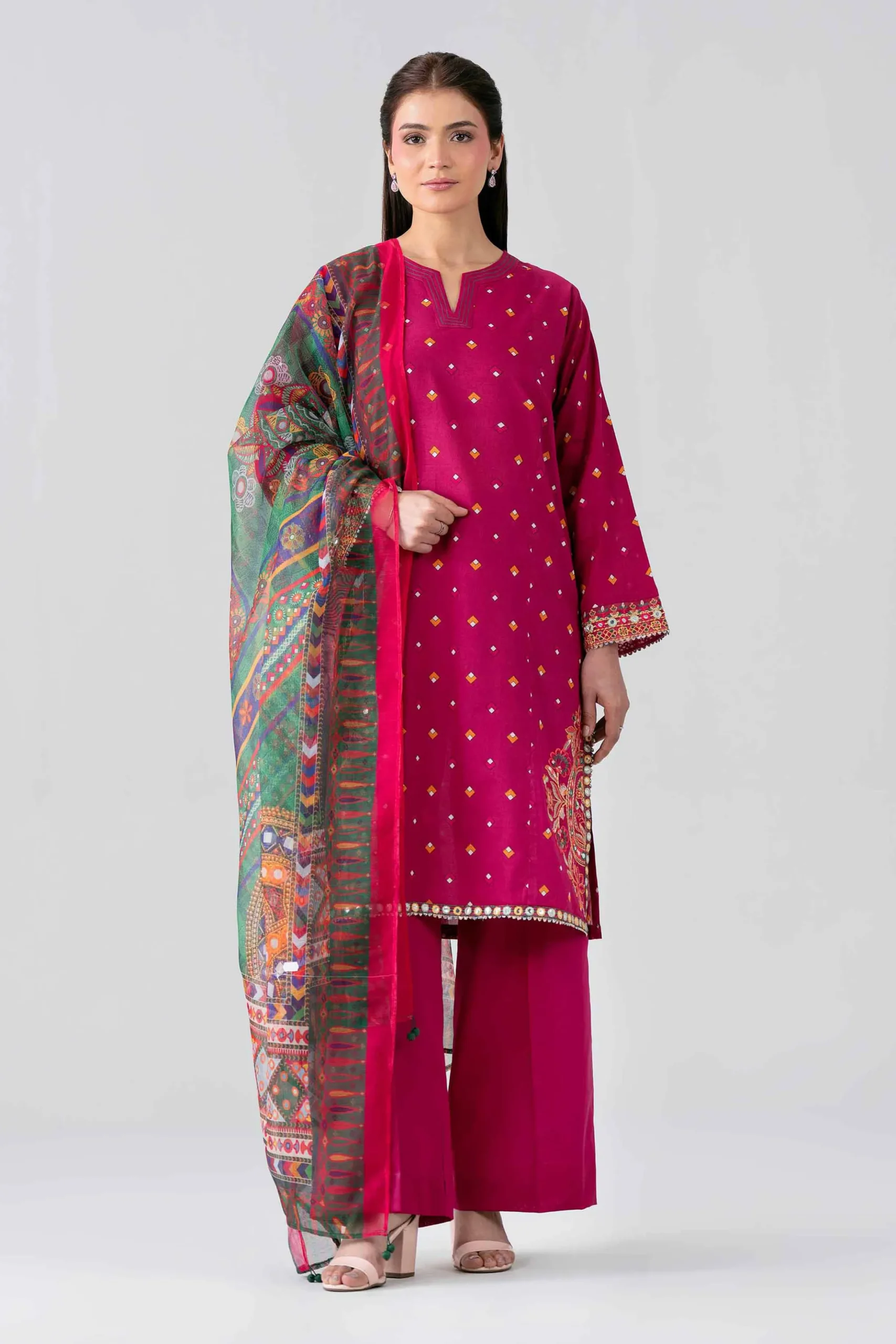 3 Piece - Printed Embroidered Suit - PE26-507