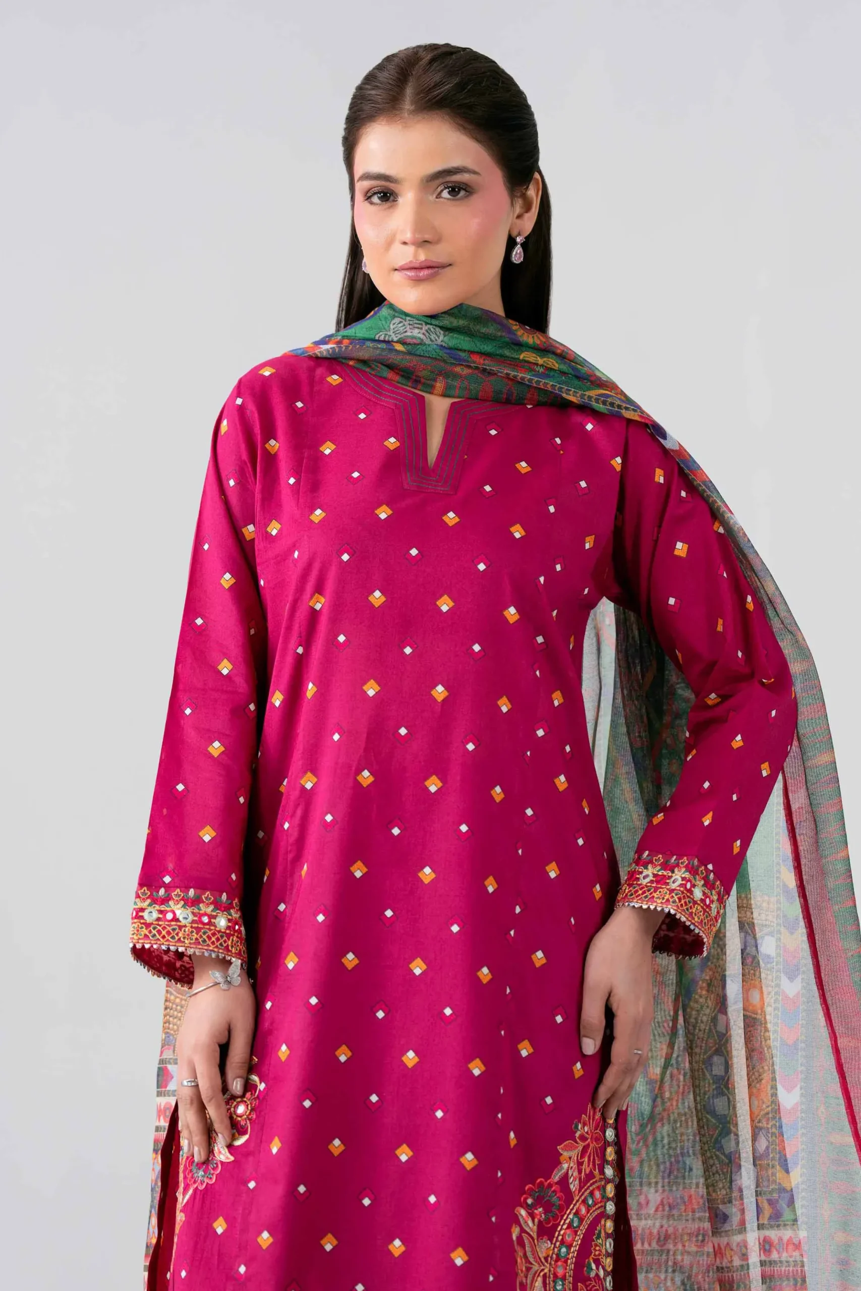 3 Piece - Printed Embroidered Suit - PE26-507