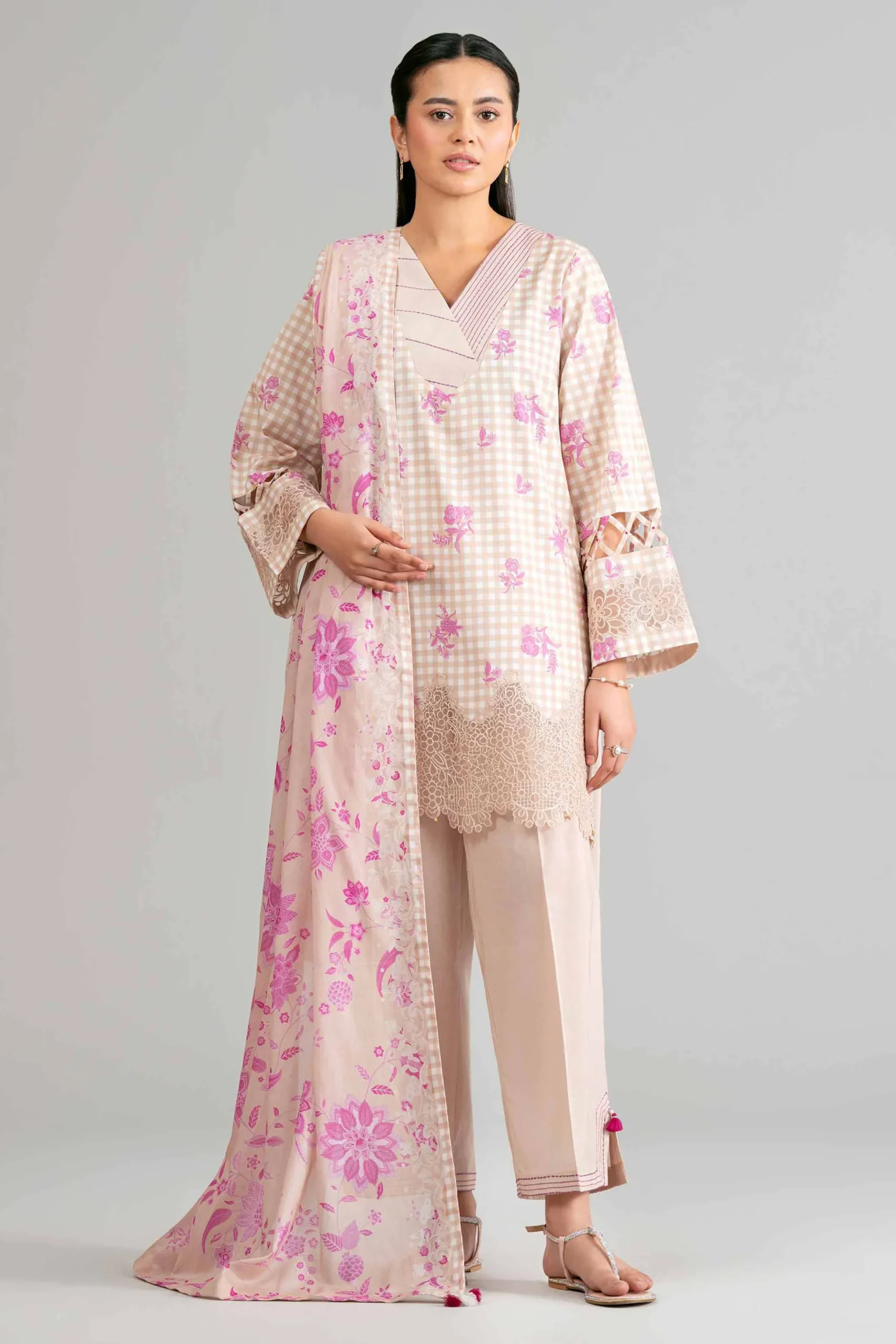 3 Piece - Printed Embroidered Suit - 42601857
