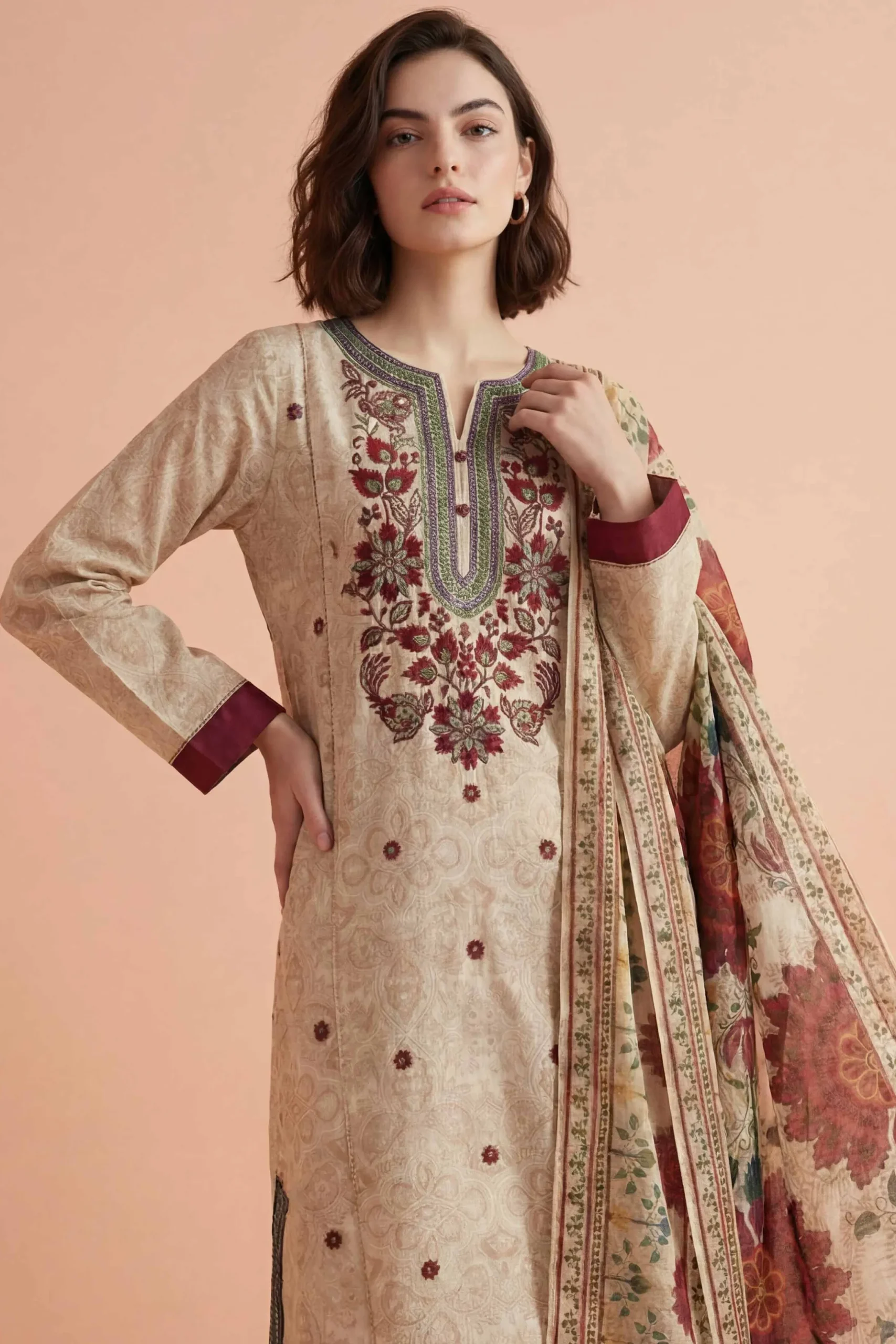 3 Piece - Printed Embroidered Suit - PE26-331