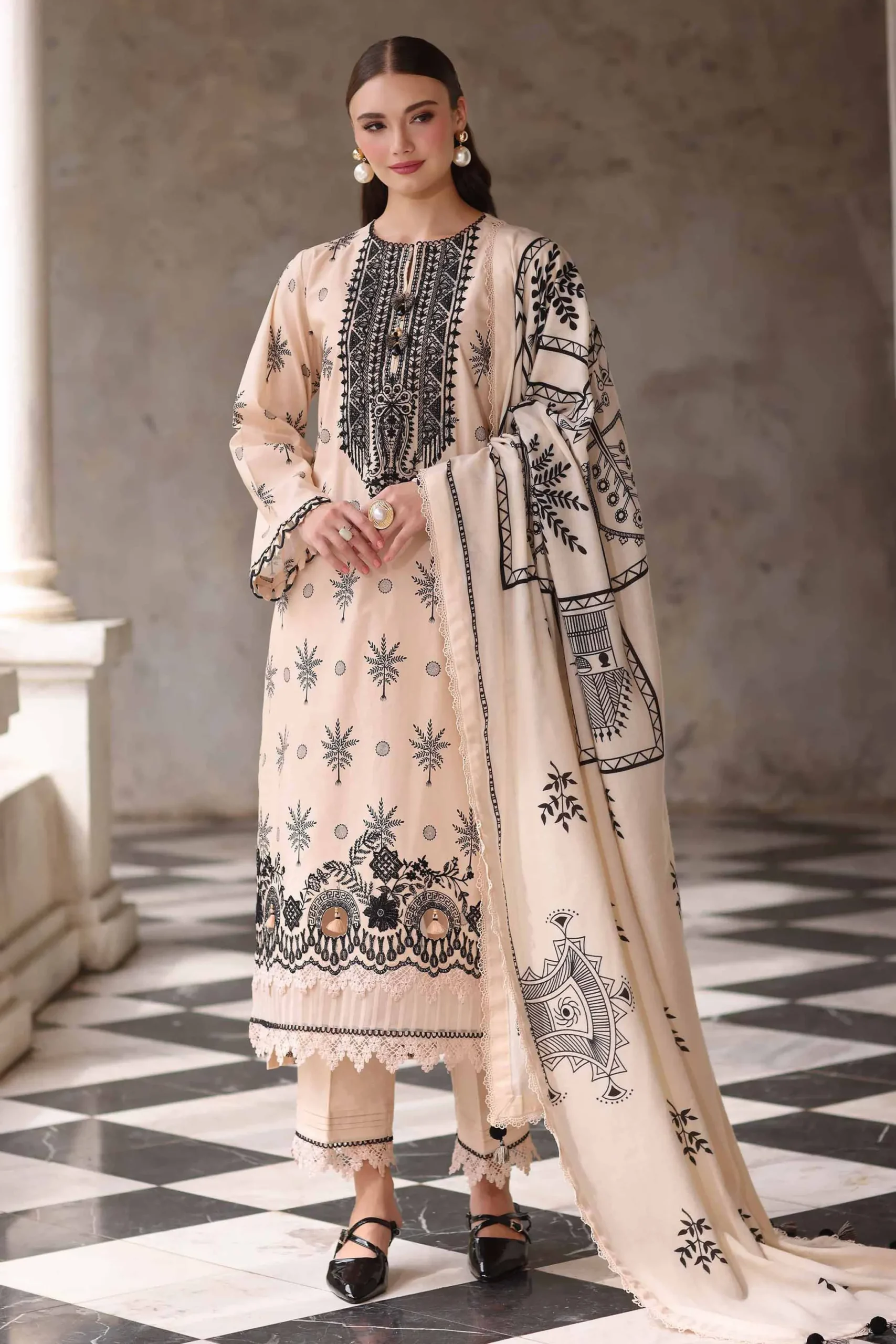3 Piece - Printed Embroidered Suit - 42503724