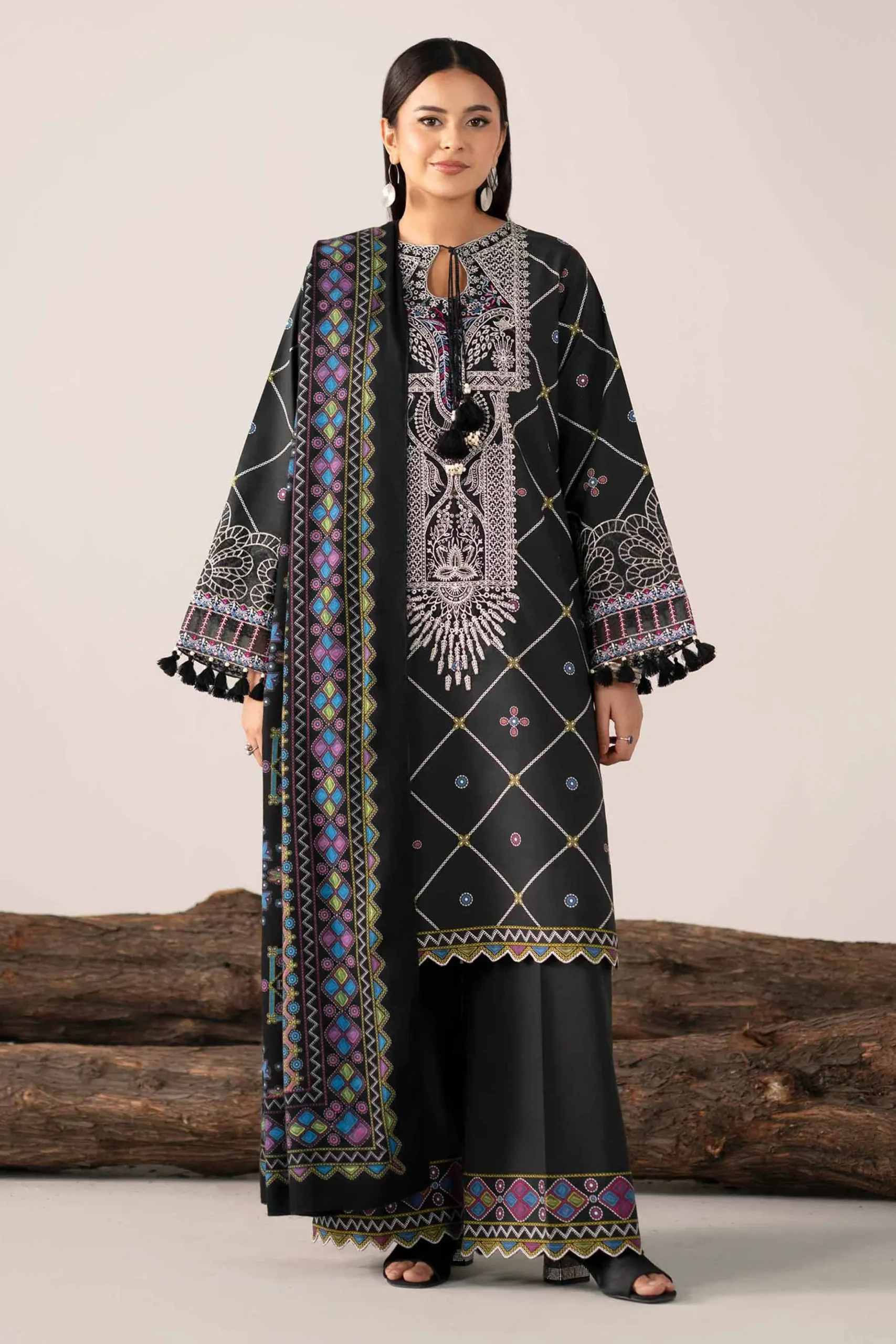 3 Piece - Printed Embroidered Suit - 42503729
