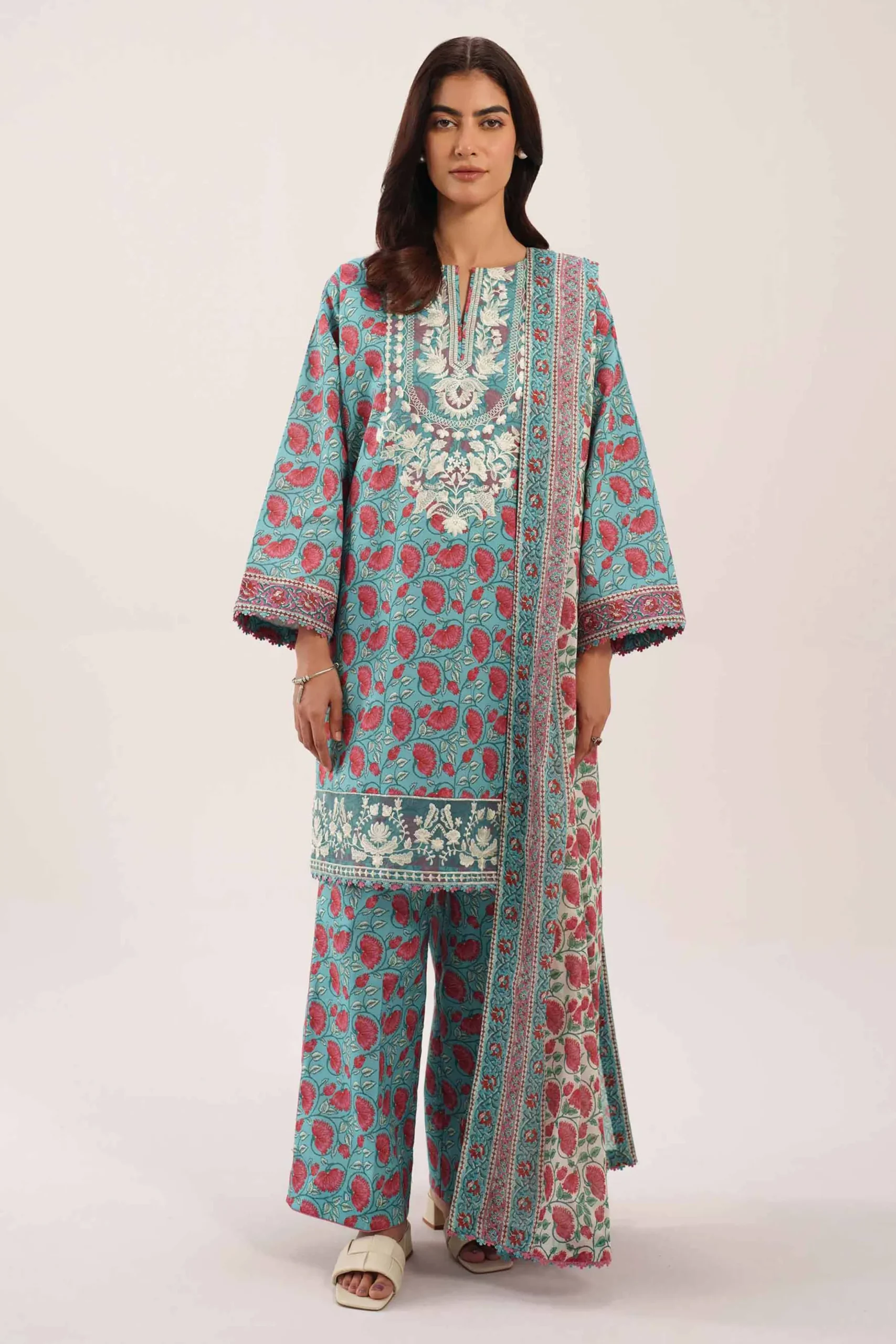 3 Piece - Printed Embroidered Suit - 42601168