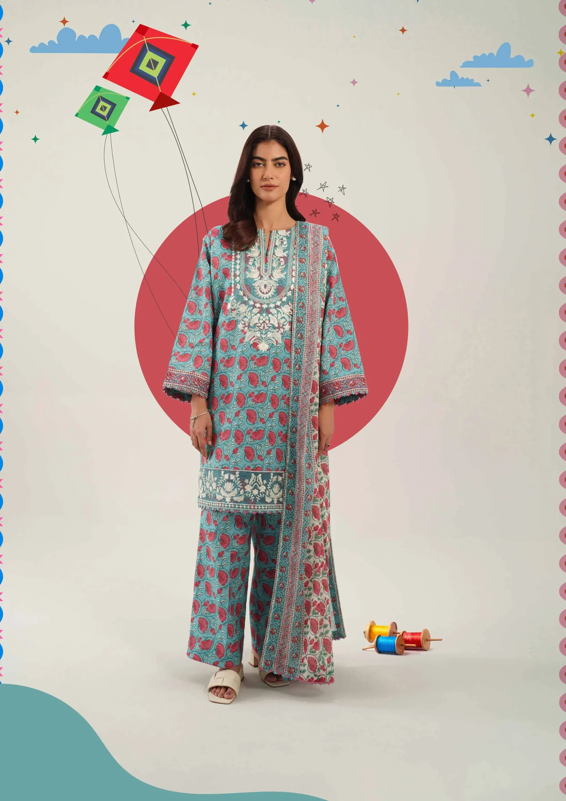 3 Piece - Printed Embroidered Suit - 42601168