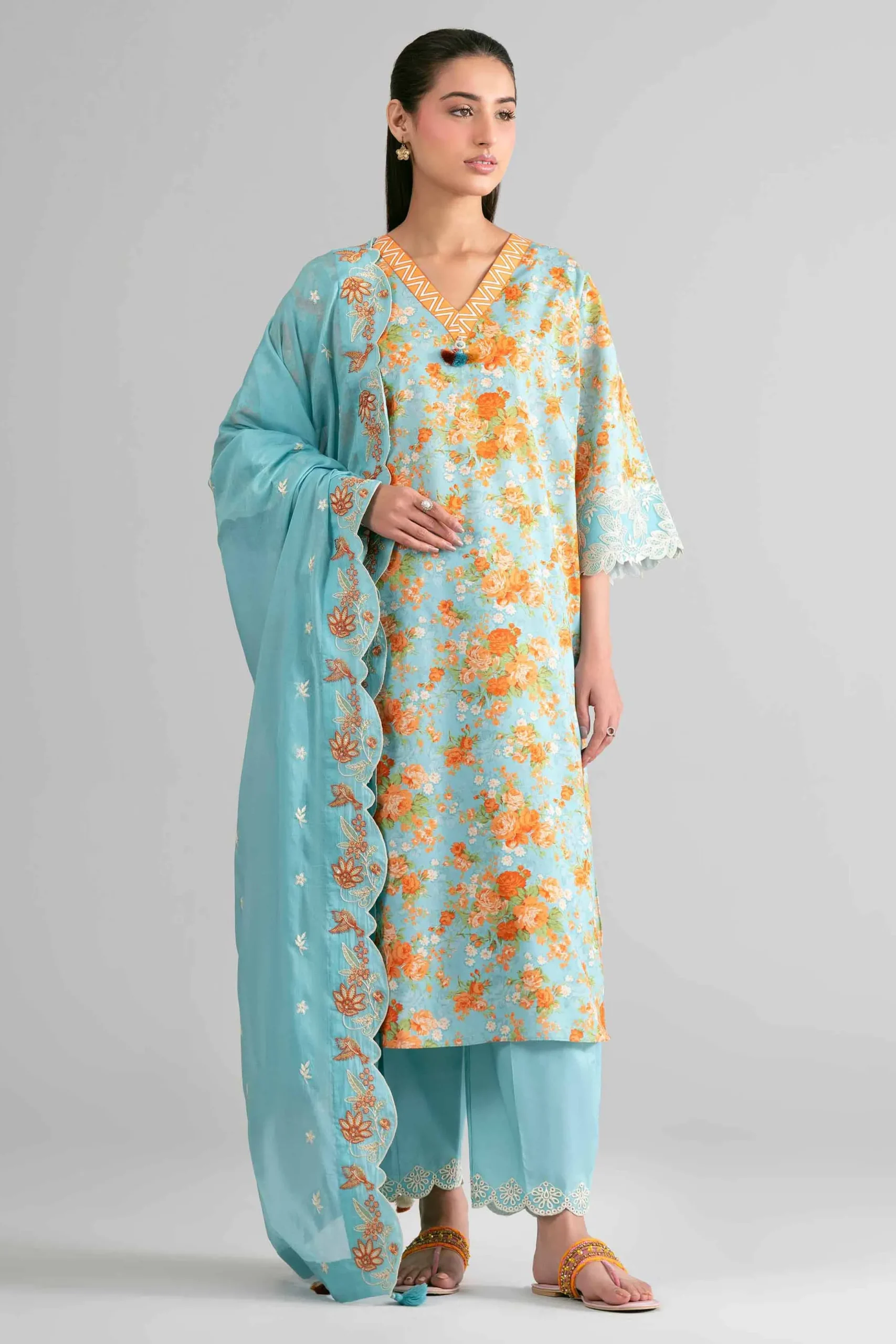 3 Piece - Printed Embroidered Suit - 42601719