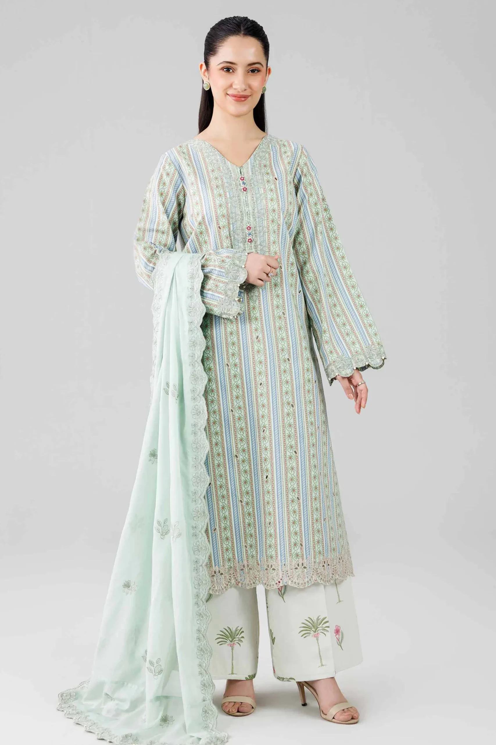 3 Piece - Printed Embroidered Suit - 42601805