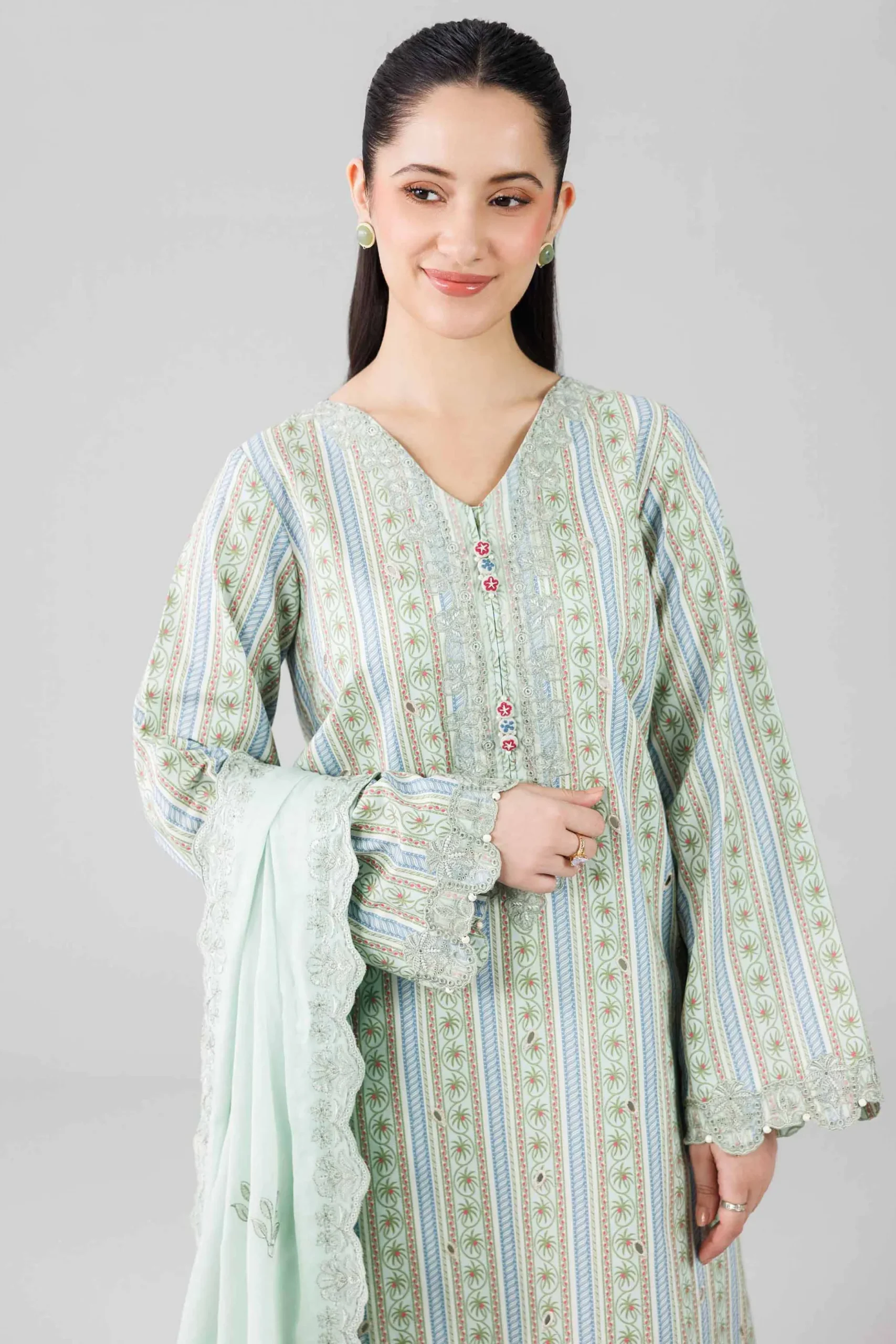 3 Piece - Printed Embroidered Suit - 42601805