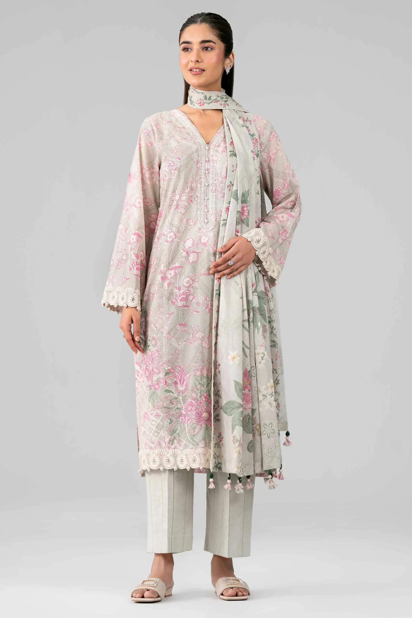 3 Piece - Printed Embroidered Suit - 42601780